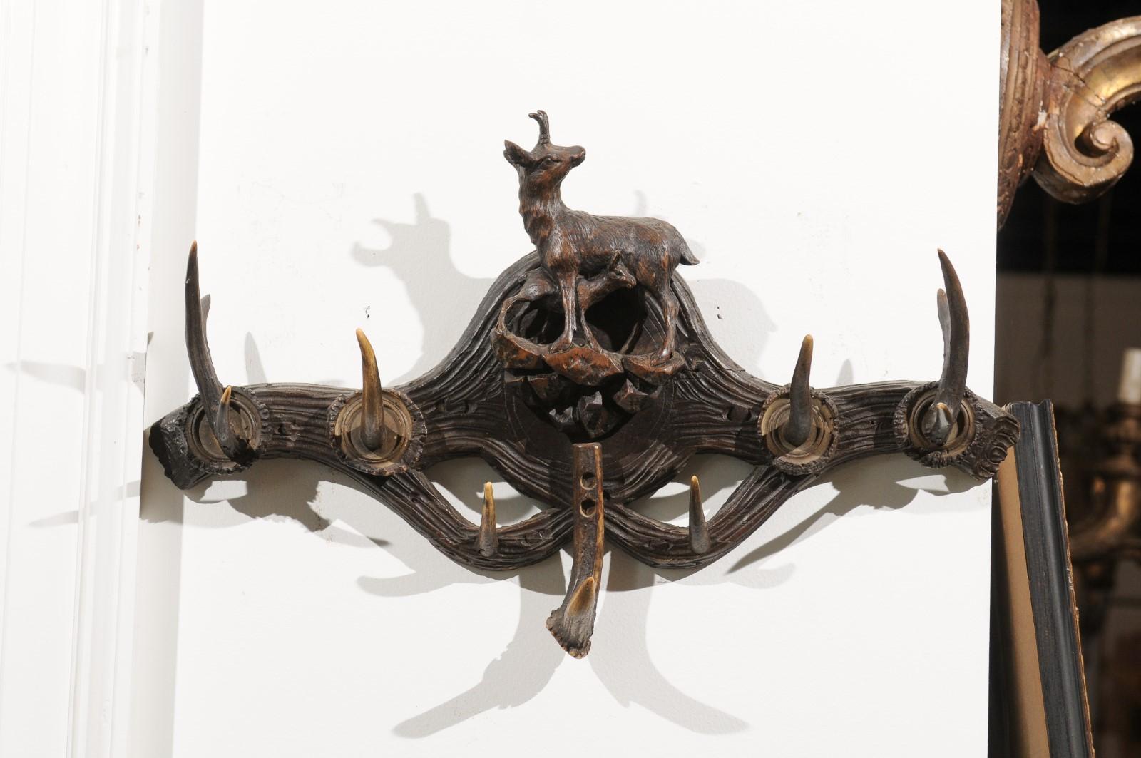 Rustic Eastern French 19th Century Walnut Hat Rack with Carved Chamois and Her Young
