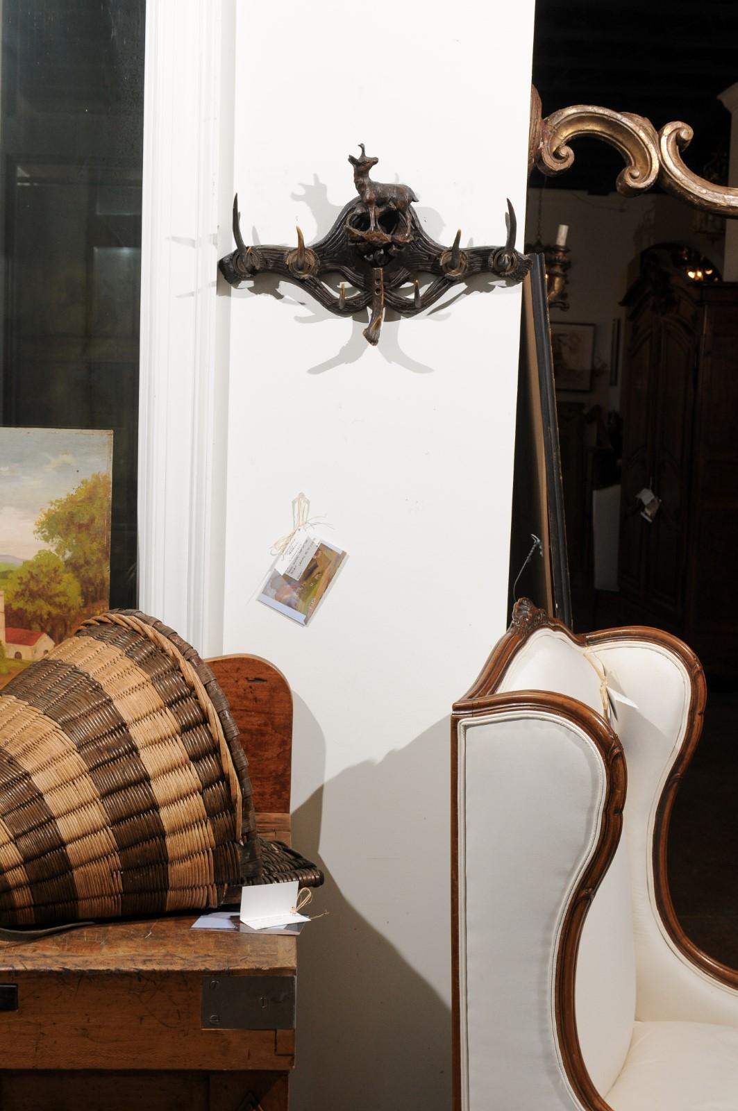 Hand-Carved Eastern French 19th Century Walnut Hat Rack with Carved Chamois and Her Young