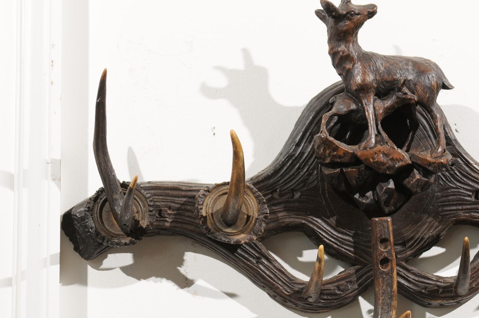 Eastern French 19th Century Walnut Hat Rack with Carved Chamois and Her Young In Good Condition In Atlanta, GA