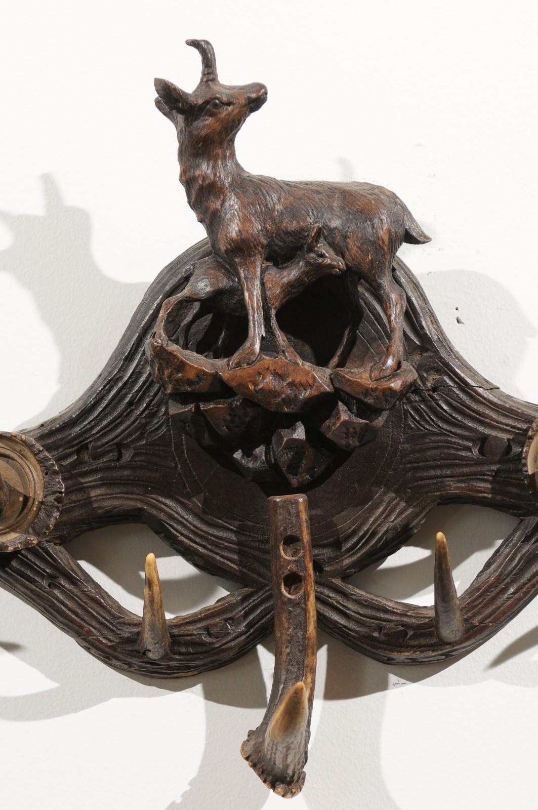 Eastern French 19th Century Walnut Hat Rack with Carved Chamois and Her Young 1