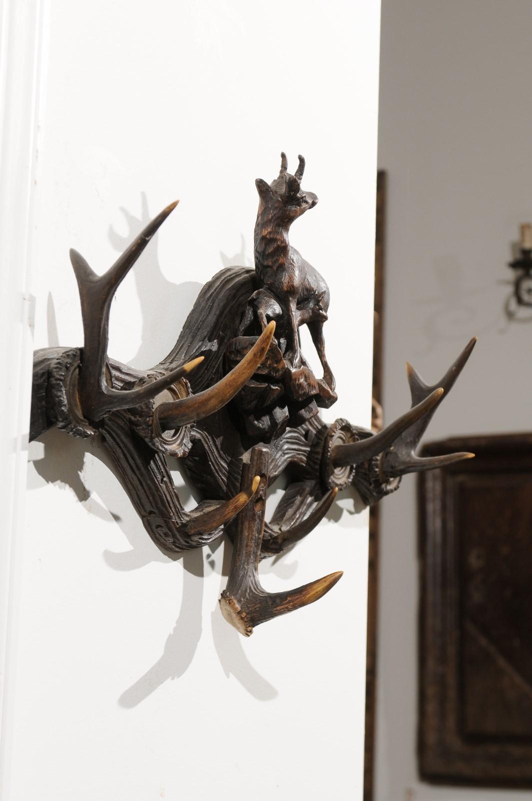 Eastern French 19th Century Walnut Hat Rack with Carved Chamois and Her Young 4