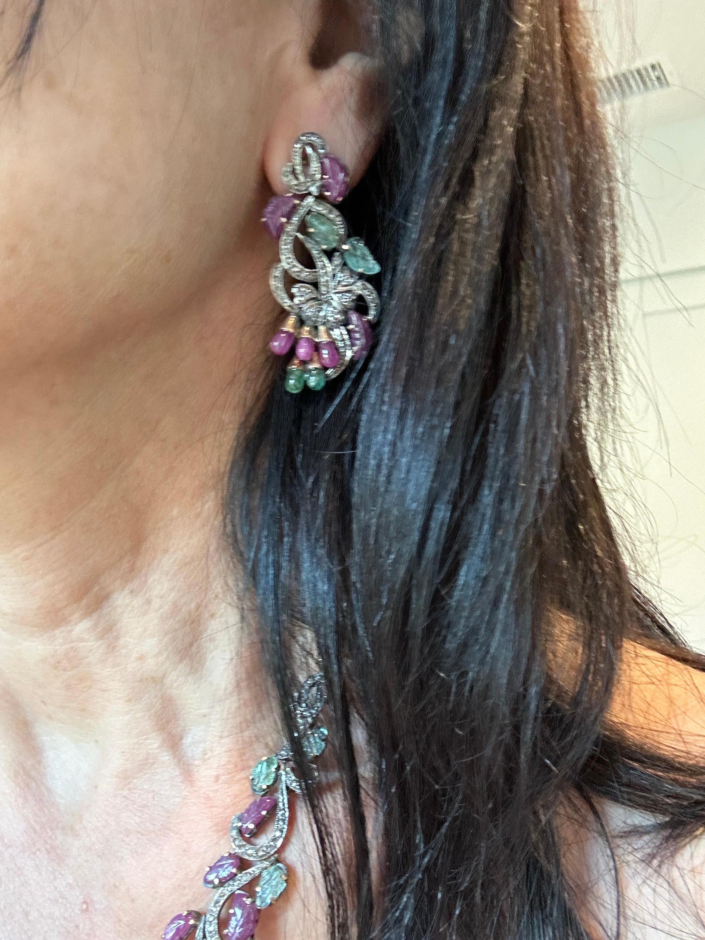 Eastern Inspired Ruby & Emerald Beryl Leaf Motif Necklace Earrings Set For Sale 5