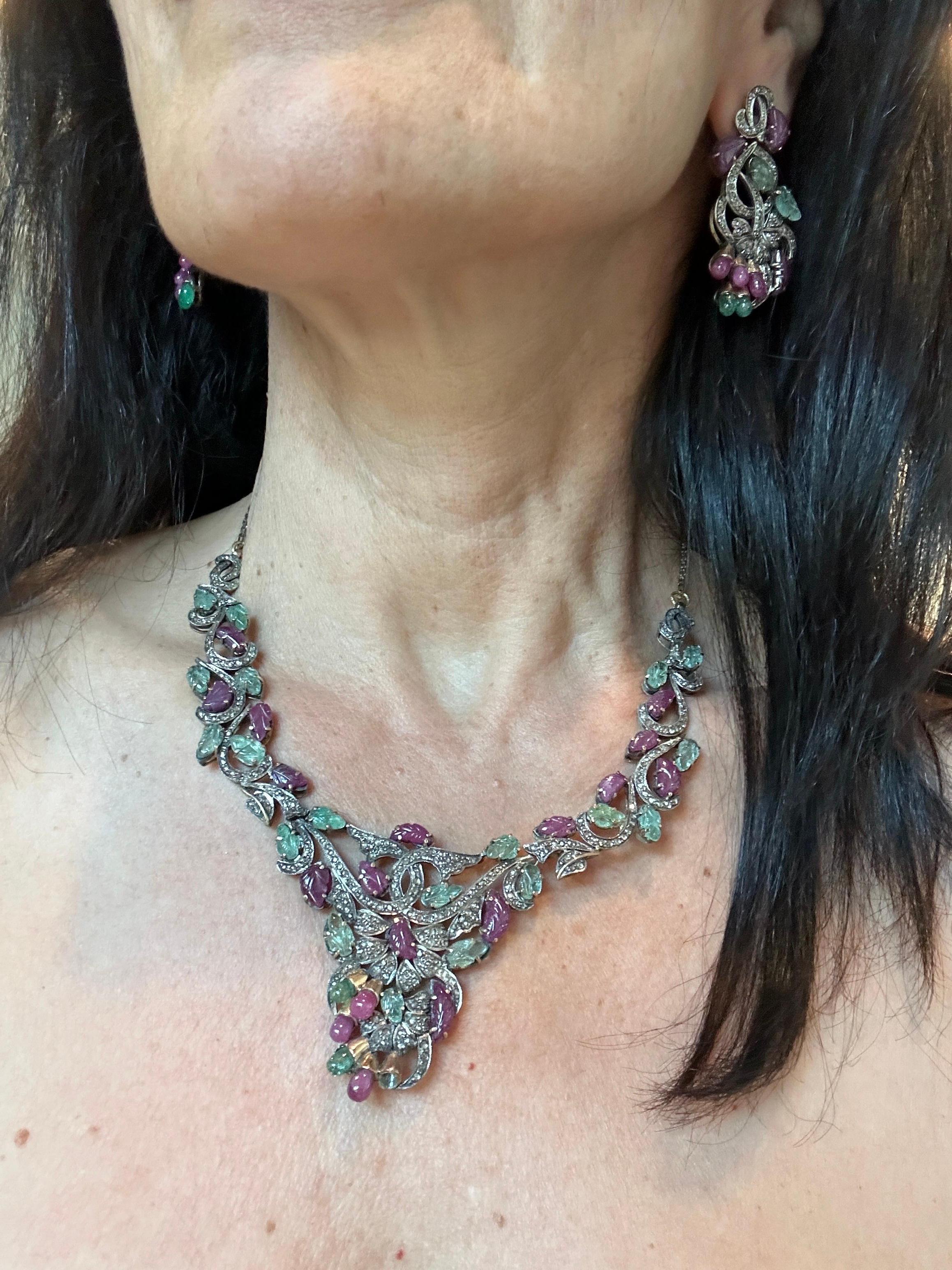 Egyptian Revival Eastern Inspired Ruby & Emerald Beryl Leaf Motif Necklace Earrings Set For Sale