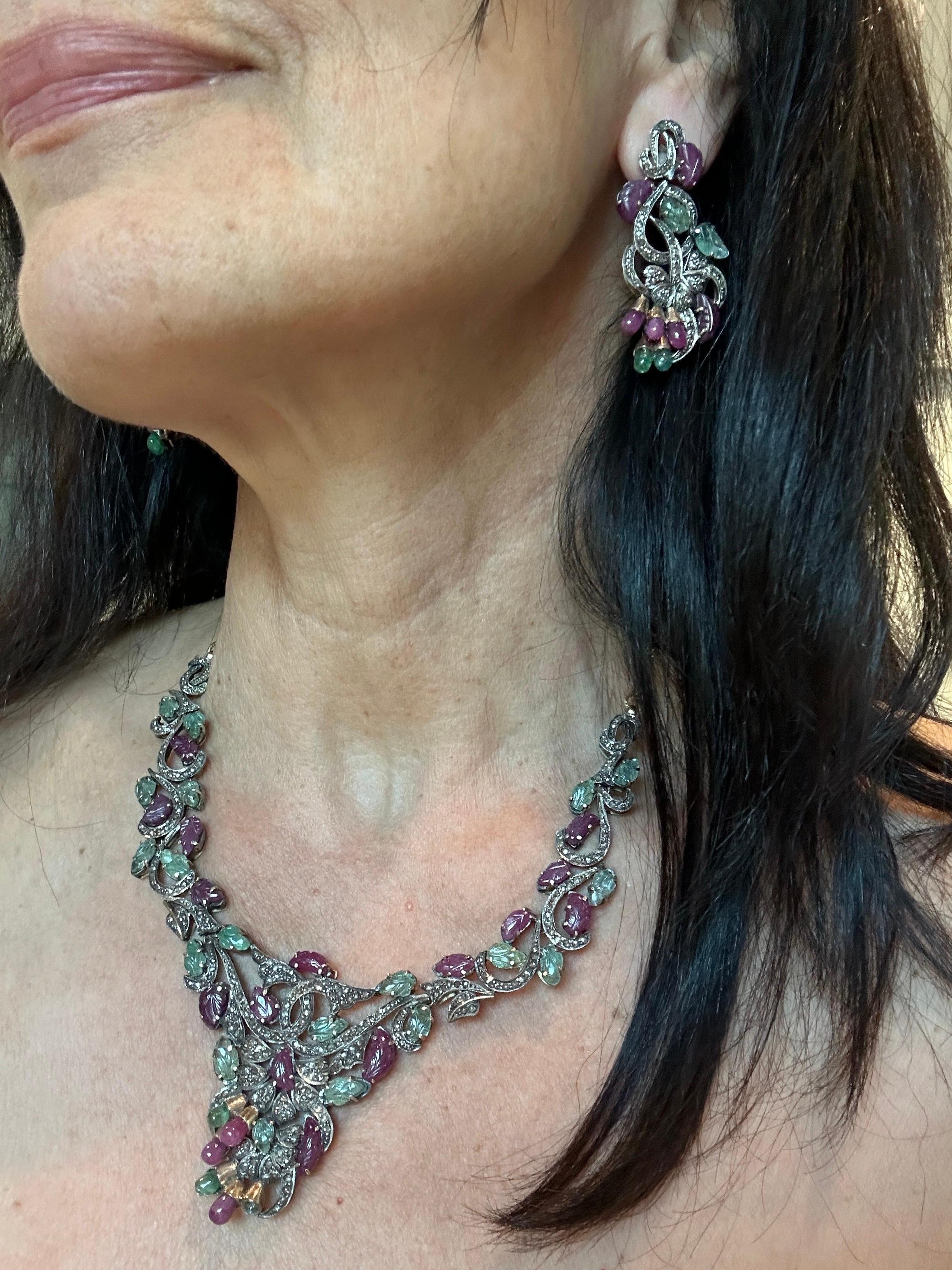 Eastern Inspired Ruby & Emerald Beryl Leaf Motif Necklace Earrings Set For Sale 3