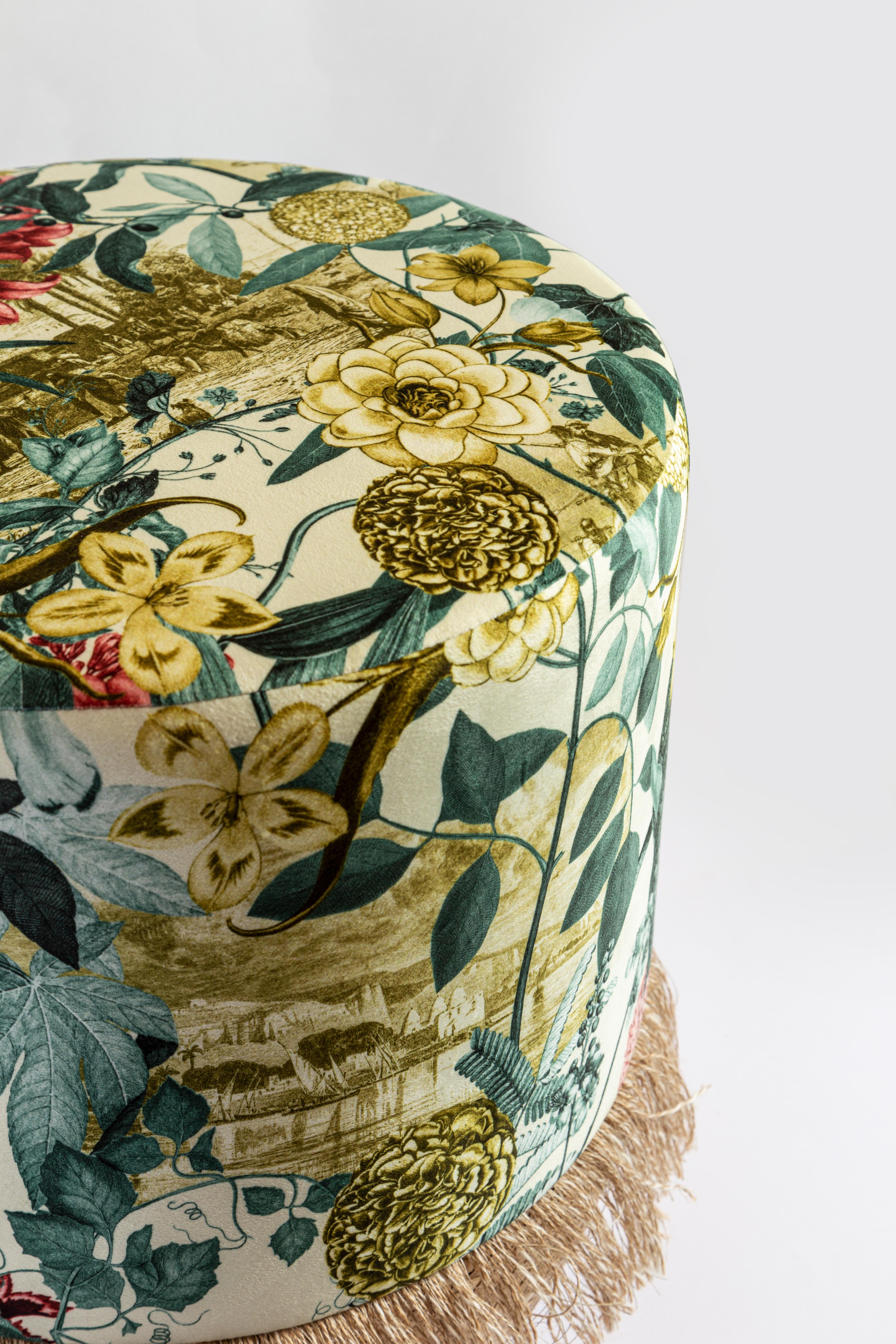 Italian Eastern Nights, Contemporary Printed Velvet and Natural Strew Pouf by Vito Nesta For Sale