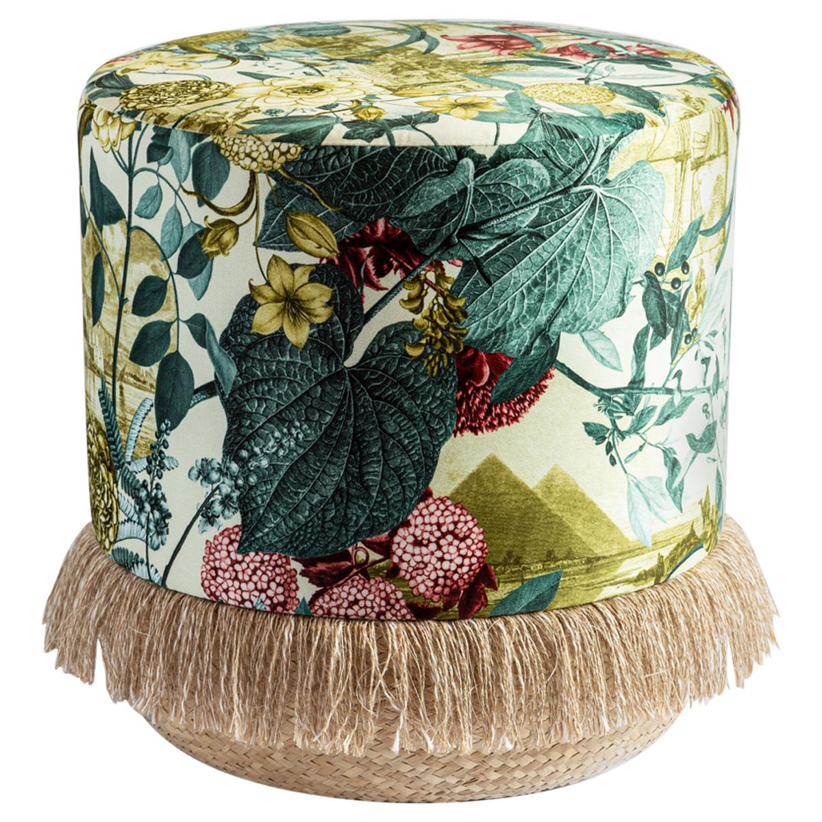 Eastern Nights, Contemporary Printed Velvet and Natural Strew Pouf by Vito Nesta