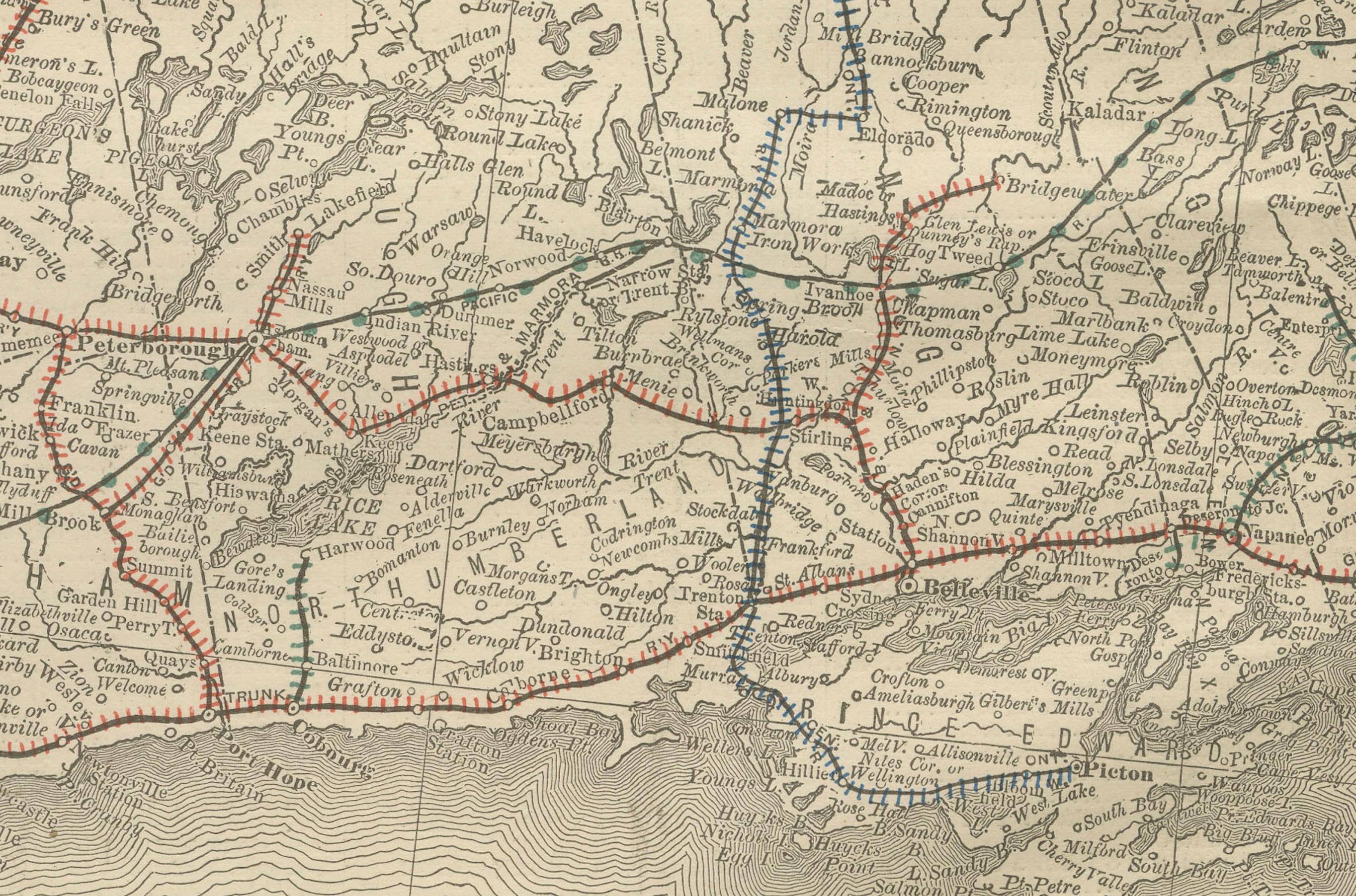 Americano Mappa antica dell'Ontario orientale c.1888 - La provincia del cuore, ferrovie in vendita
