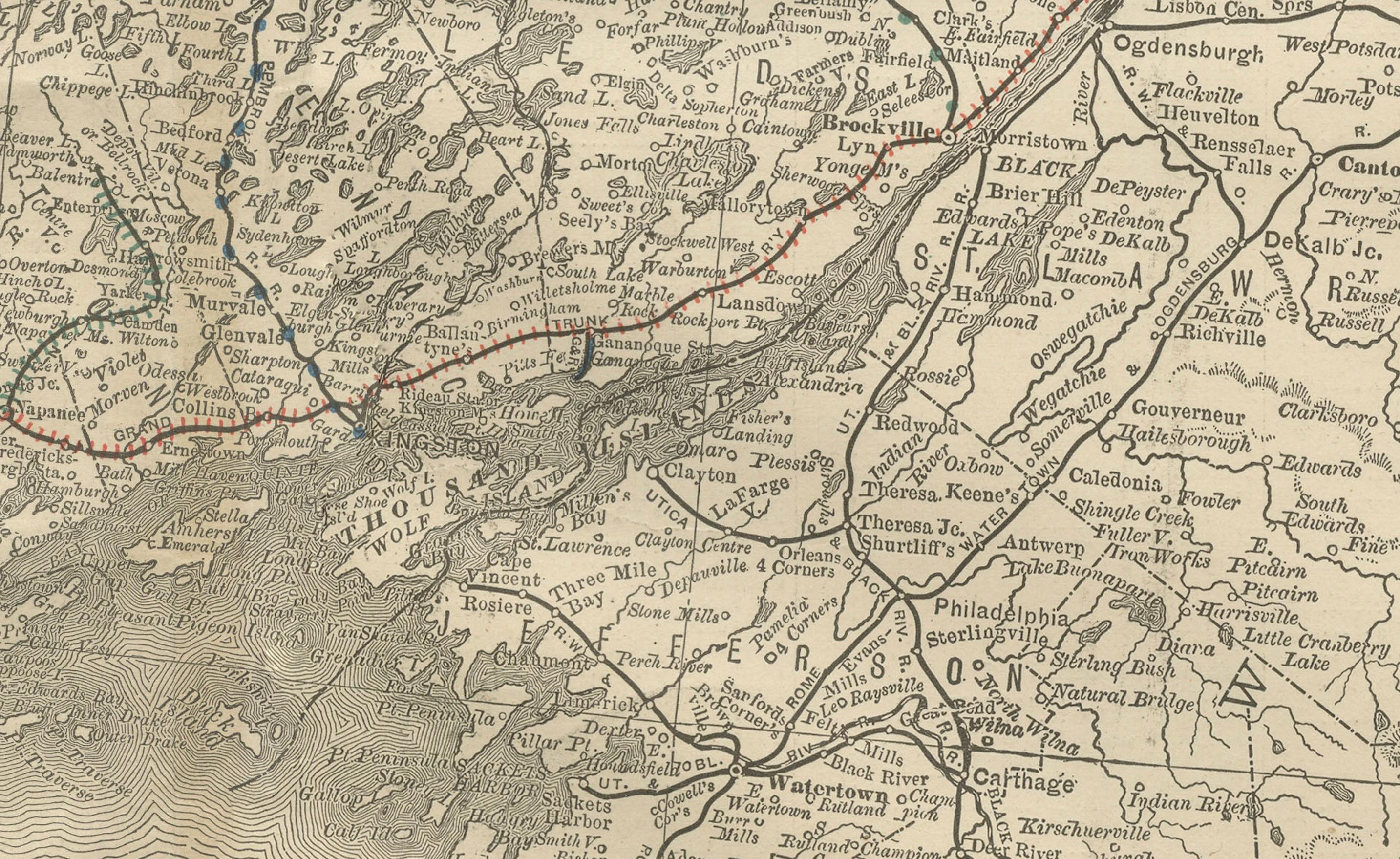 Inciso Mappa antica dell'Ontario orientale c.1888 - La provincia del cuore, ferrovie in vendita