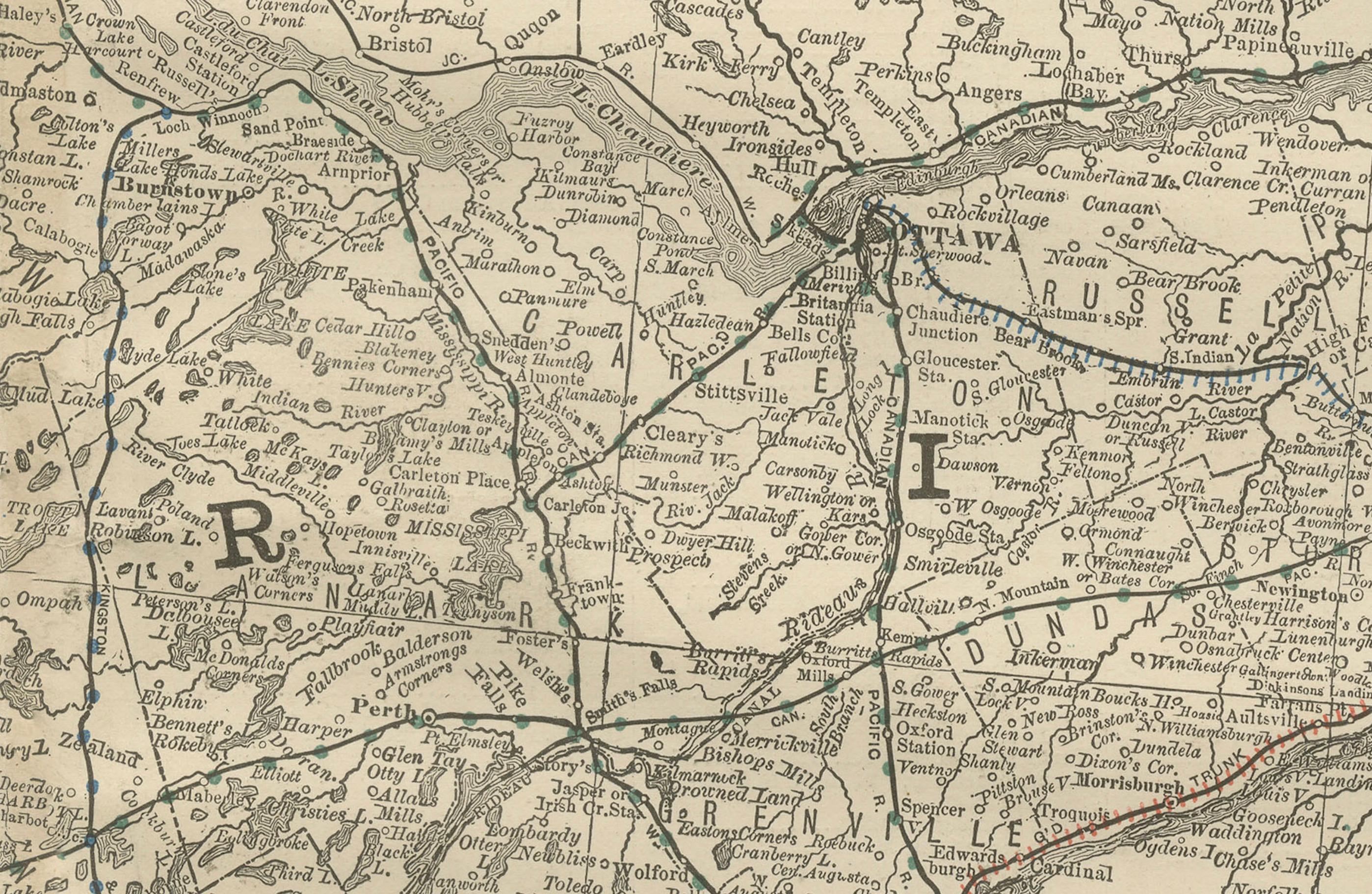 Mappa antica dell'Ontario orientale c.1888 - La provincia del cuore, ferrovie In condizioni buone in vendita a Langweer, NL