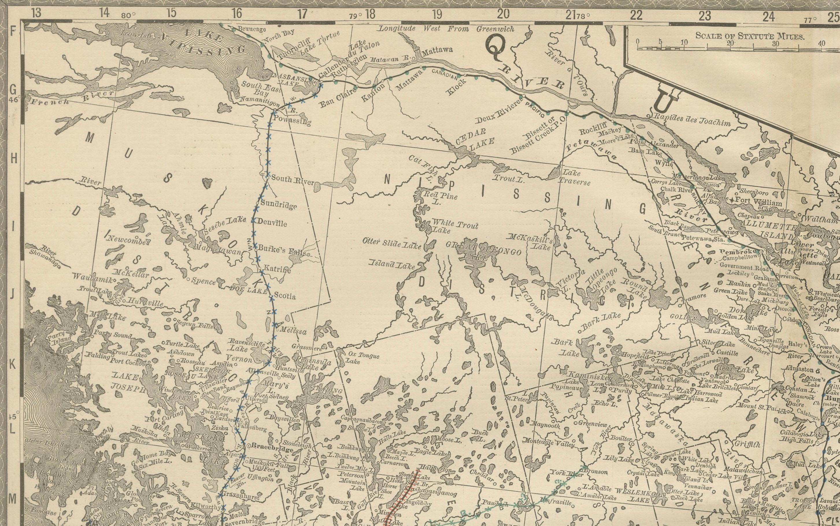 XIX secolo Mappa antica dell'Ontario orientale c.1888 - La provincia del cuore, ferrovie in vendita