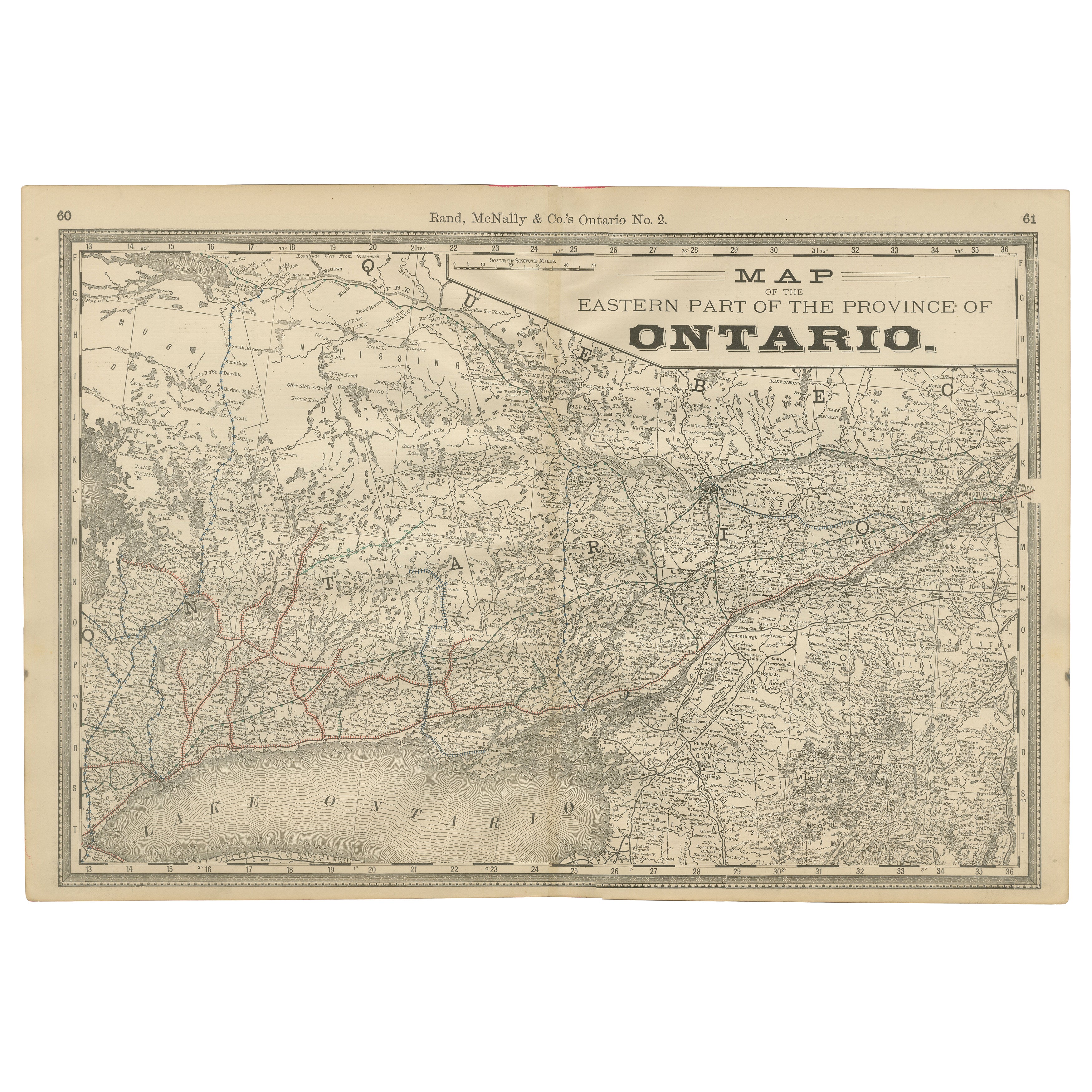 Carte ancienne de l'Est de l'Ontario c.C. 1888 - The Heartland Province, Railroads