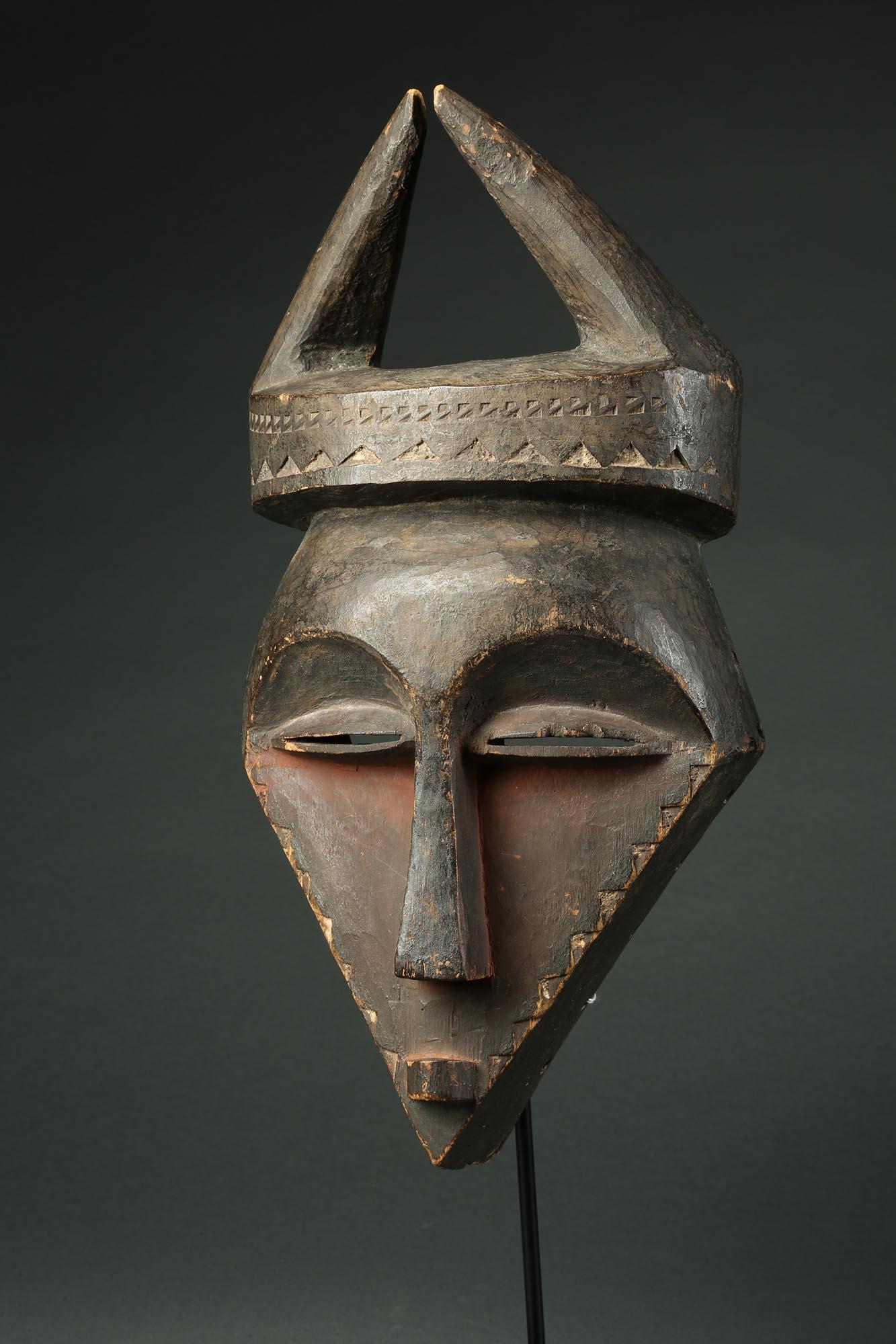 Wood Eastern Pende Geometric Tribal Mask with Horns Ex Museum Congo, Africa