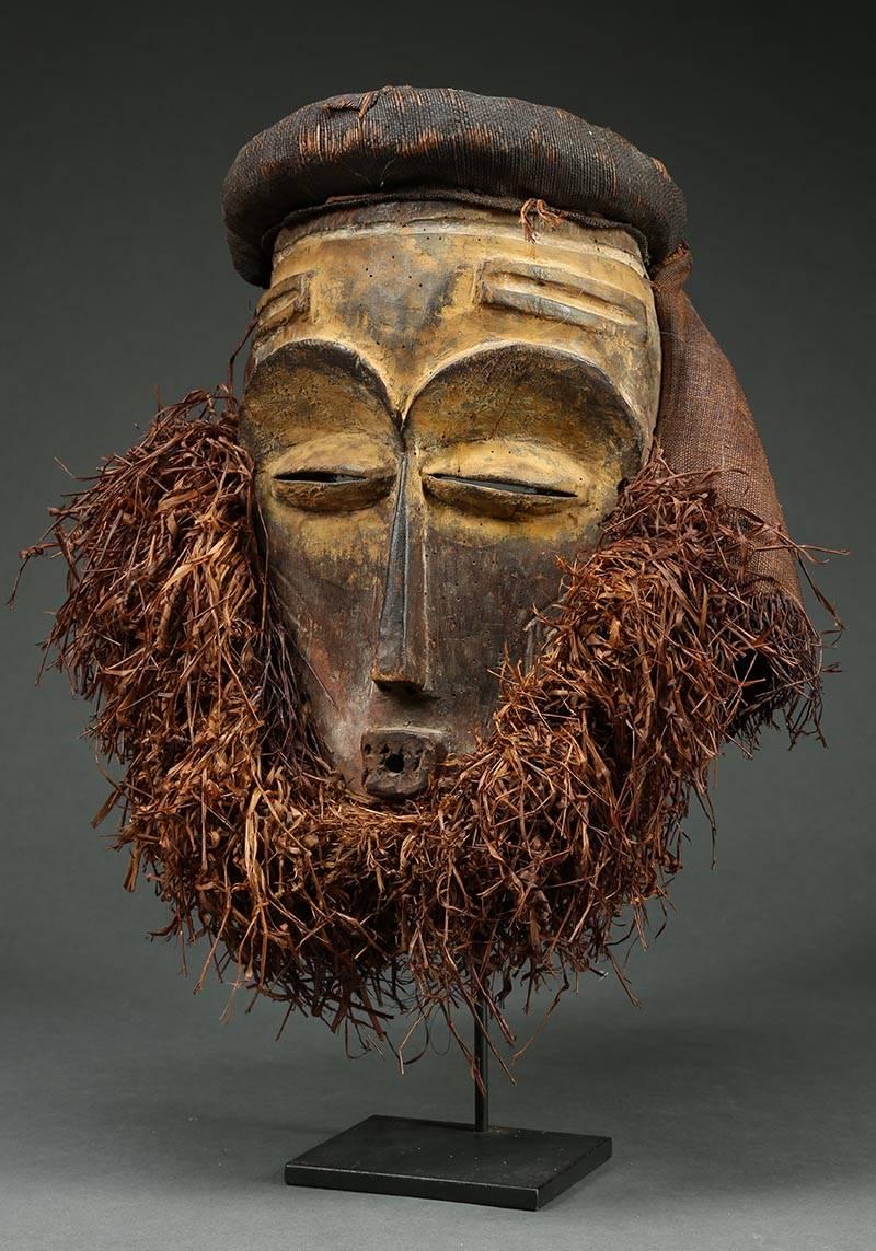 Hand-Carved Eastern Pende Tribal Mask with Raffia, Democratic Republic of Congo