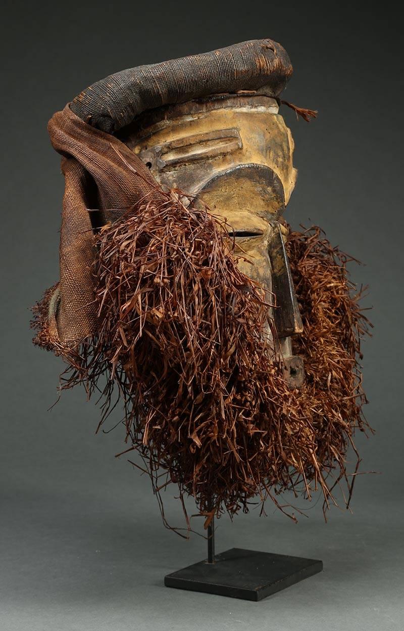 Wood Eastern Pende Tribal Mask with Raffia, Democratic Republic of Congo