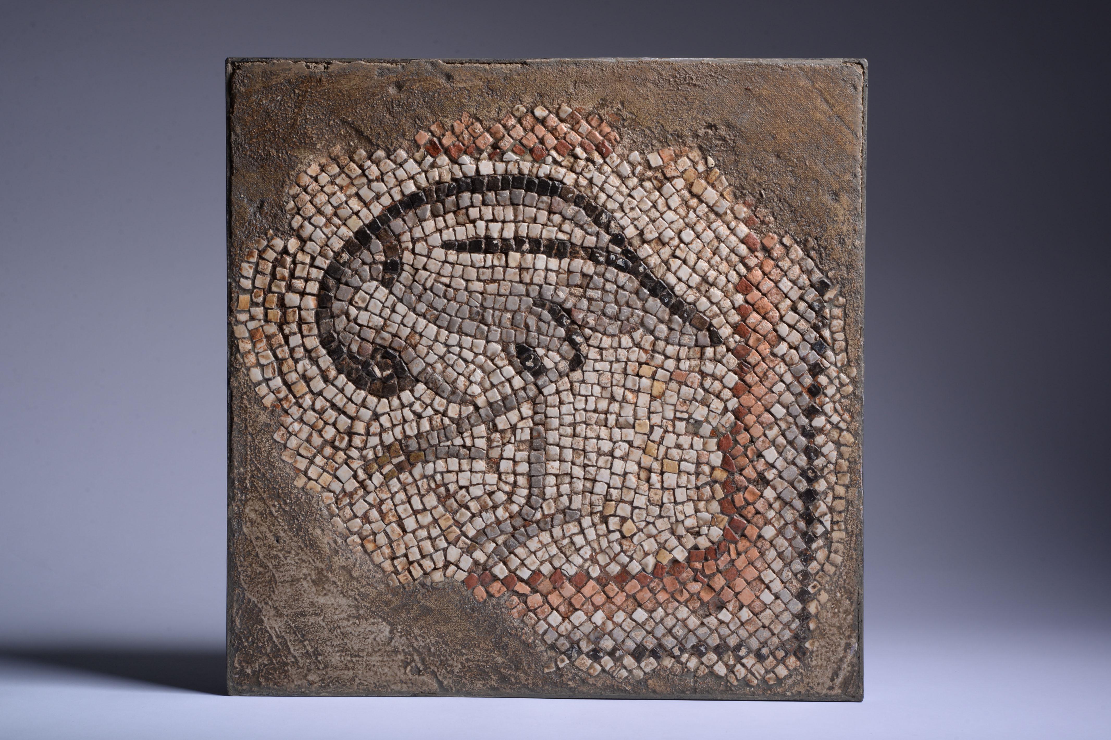 Eastern Roman Mosaic depicting a Bird
Lebanon, 3rd Century A.D.
Measures: 40 x 40 cm

A charming Roman mosaic, depicting a bird, made from polished stone tesserae ranging from hues of jet black to ivory and burnt umber. The bird, perhaps a