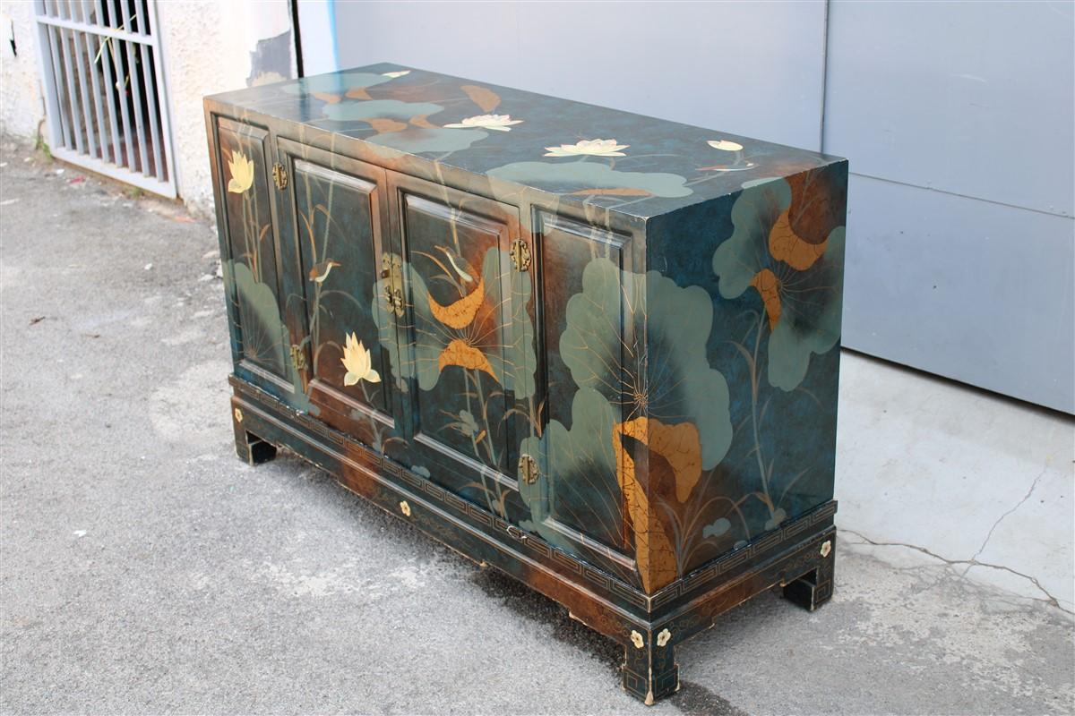 Eastern Sideboard 1970 Lotus Flowers Totally Hand Painted Lacquer Nymphs 8