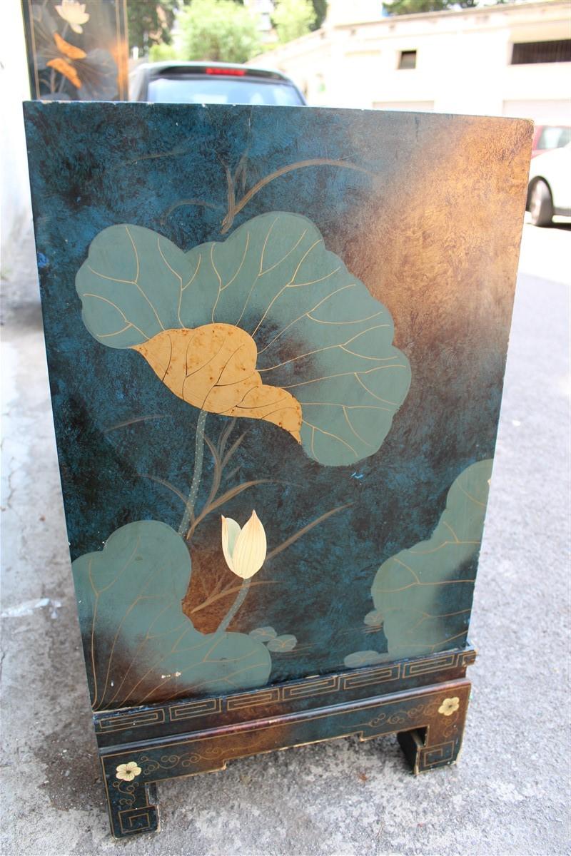 Eastern Sideboard 1970 Lotus Flowers Totally Hand Painted Lacquer Nymphs 11