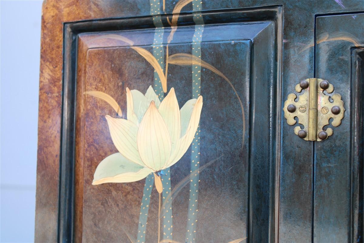 Eastern Sideboard 1970 Lotus Flowers Totally Hand Painted Lacquer Nymphs In Good Condition In Palermo, Sicily