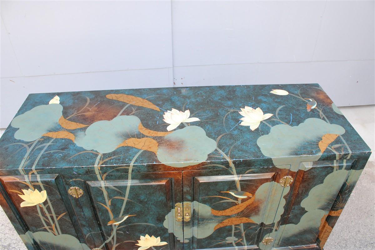 Wood Eastern Sideboard 1970 Lotus Flowers Totally Hand Painted Lacquer Nymphs