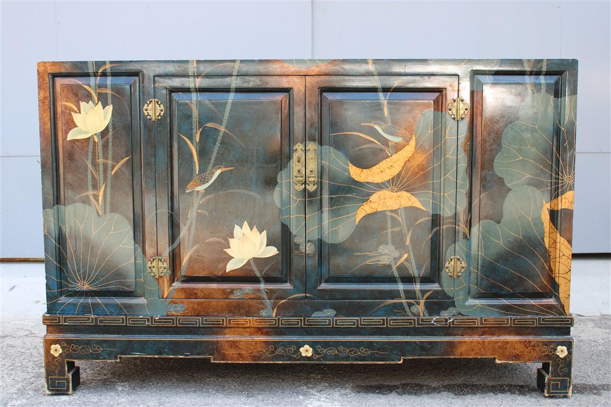 Eastern Sideboard 1970 Lotus Flowers Totally Hand Painted Lacquer Nymphs 1