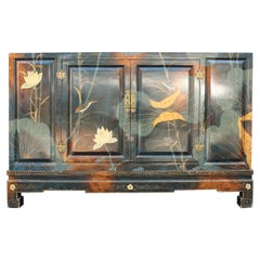 Eastern Sideboard 1970 Lotus Flowers Totally Hand Painted Lacquer Nymphs