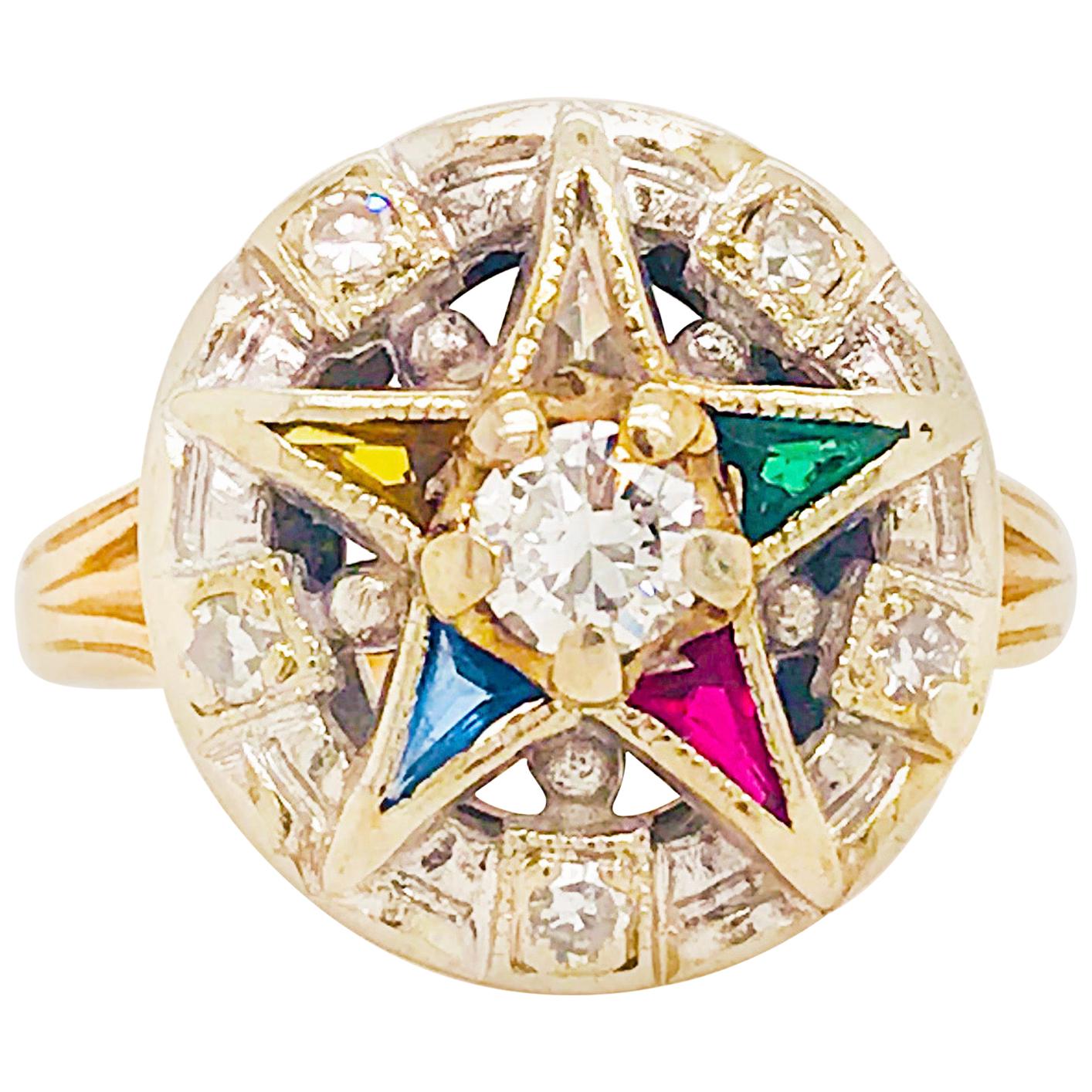 Eastern Star Diamond and Gemstone Estate Ring 14 Karat Gold Spiritual Star Ring