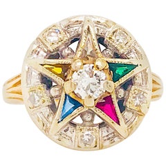 Eastern Star Diamond and Gemstone Estate Ring 14 Karat Gold Spiritual Star Ring