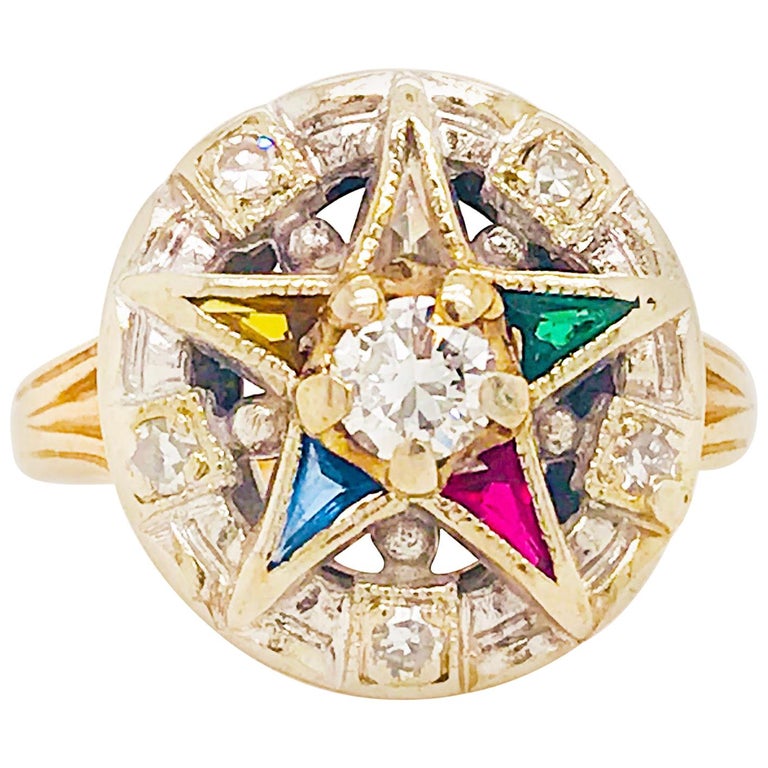 Eastern Star Diamond and Gemstone Estate Ring 14 Karat Gold Spiritual