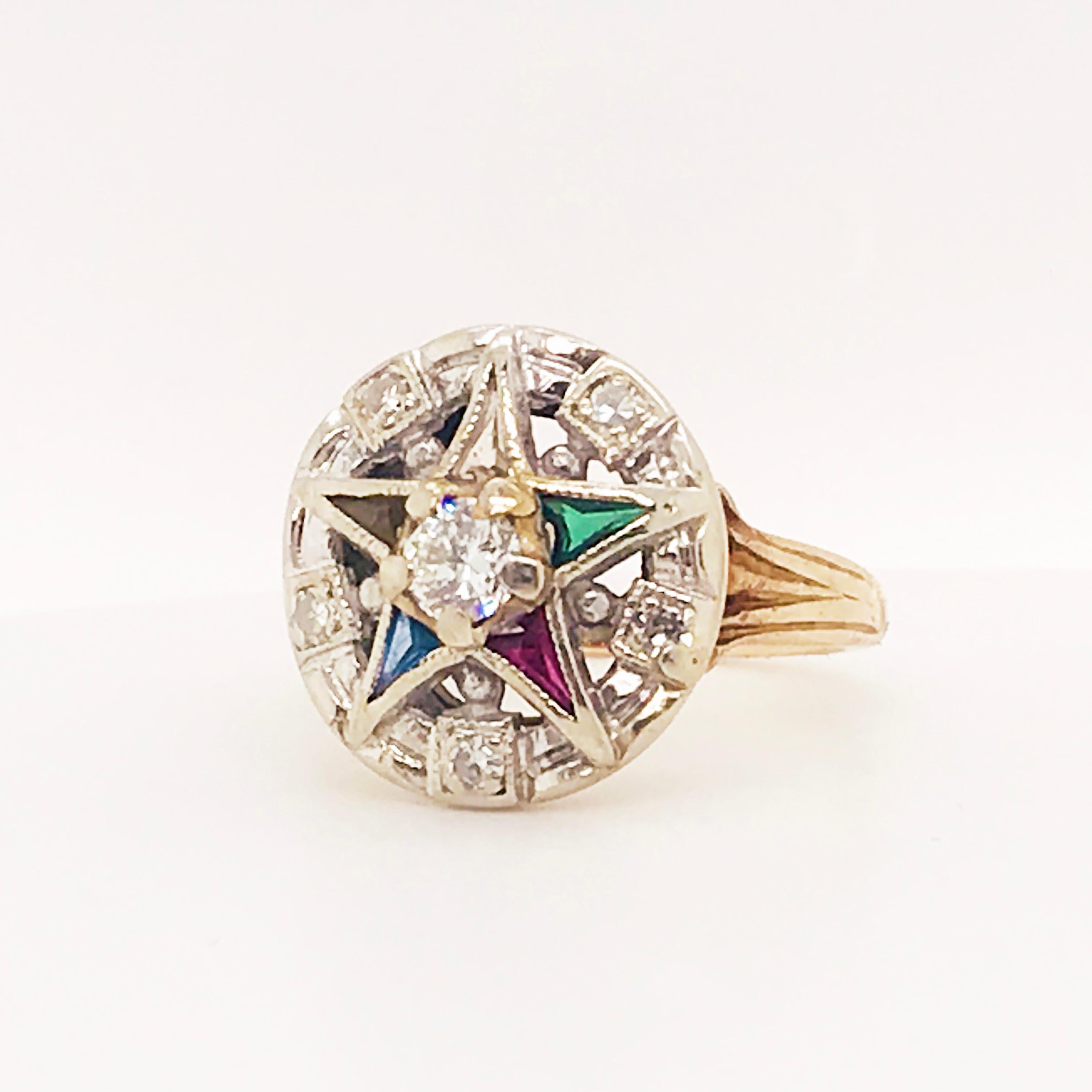 Round Cut Eastern Star Diamond and Gemstone Estate Ring 14 Karat Gold Spiritual Star Ring