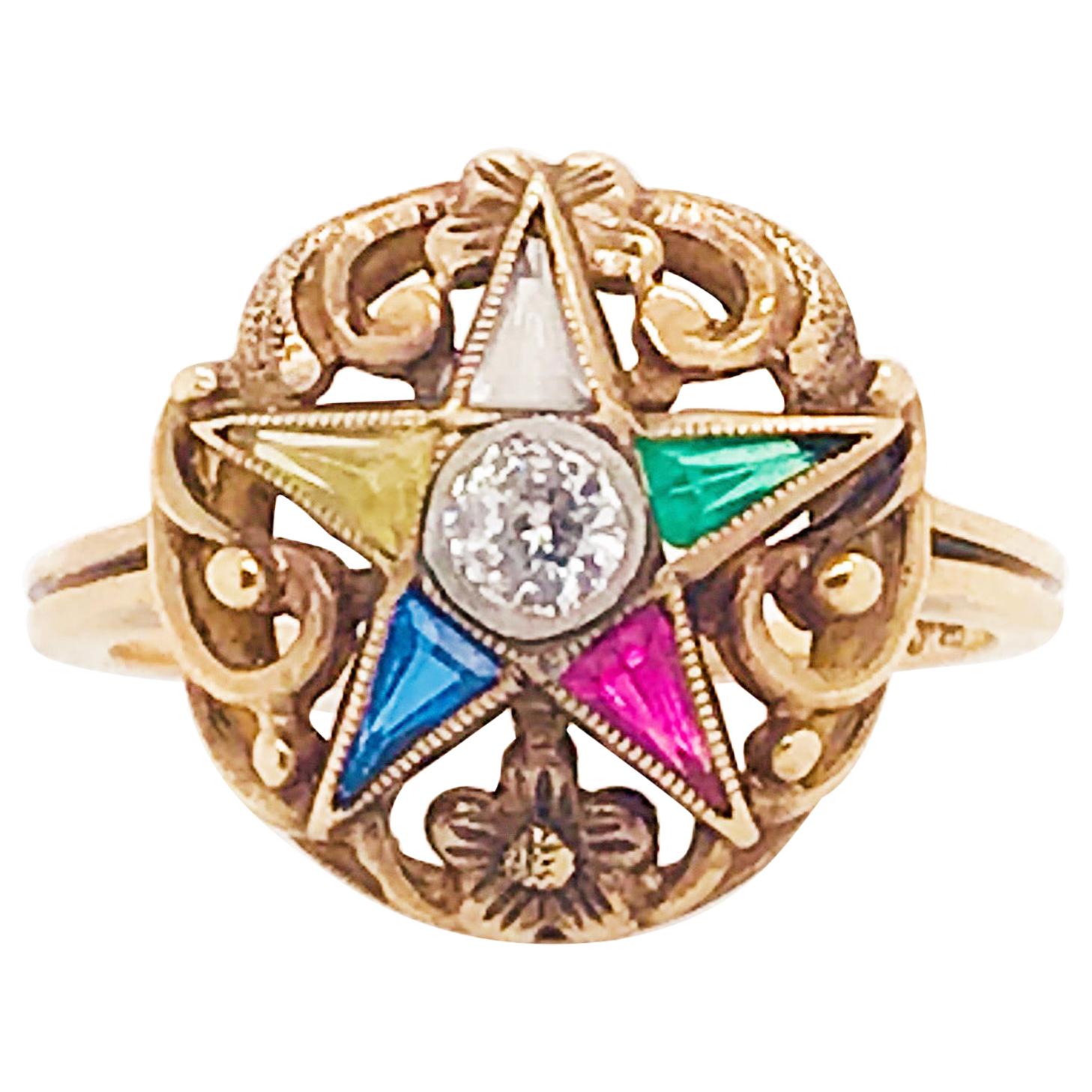 Eastern Star Ring Vintage Estate Jeweled Diamond Floral Eastern Star Ring