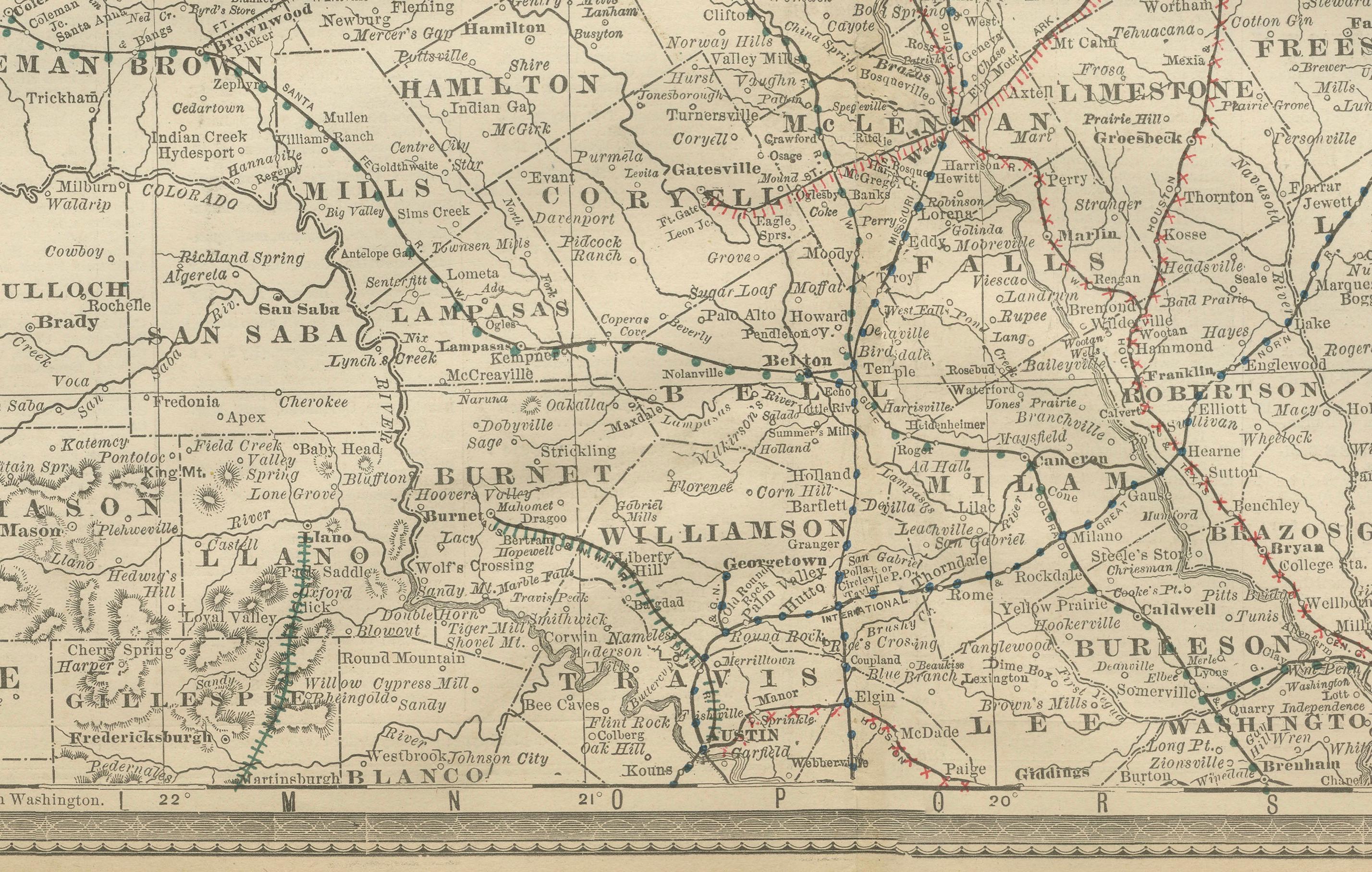 Gravé Carte ancienne de l'Est du Texas 1888 - Chemins de fer, comtés et agglomérations en vente
