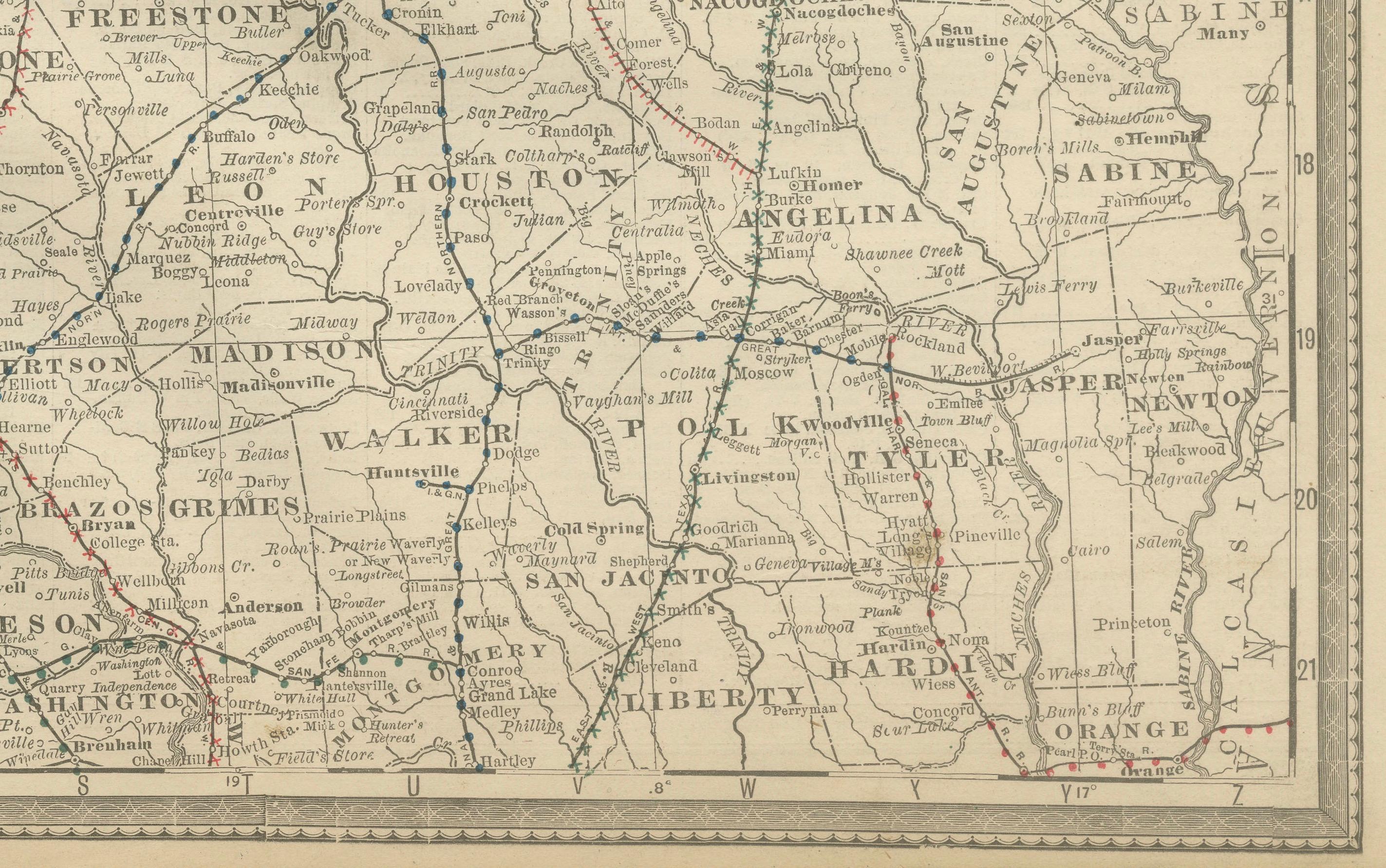 Carte ancienne de l'Est du Texas 1888 - Chemins de fer, comtés et agglomérations Bon état - En vente à Langweer, NL