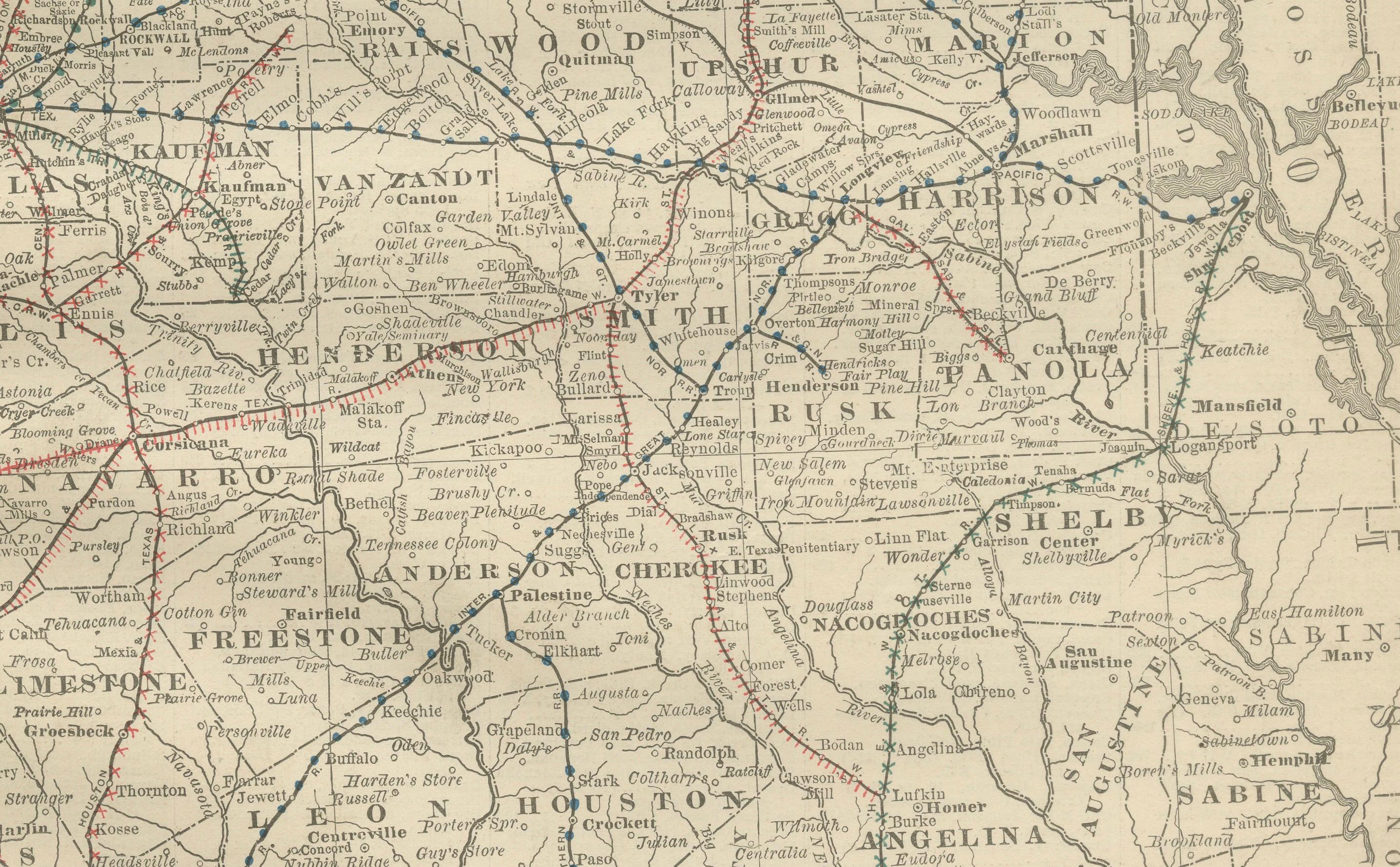 XIXe siècle Carte ancienne de l'Est du Texas 1888 - Chemins de fer, comtés et agglomérations en vente
