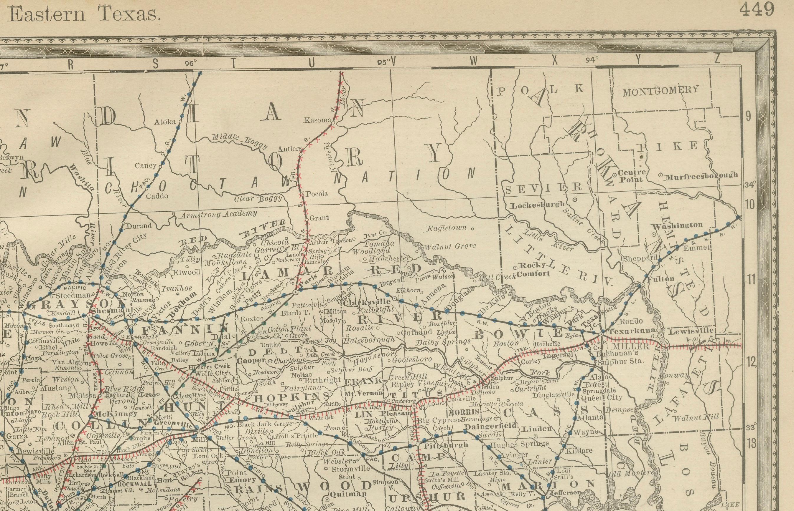 Papier Carte ancienne de l'Est du Texas 1888 - Chemins de fer, comtés et agglomérations en vente