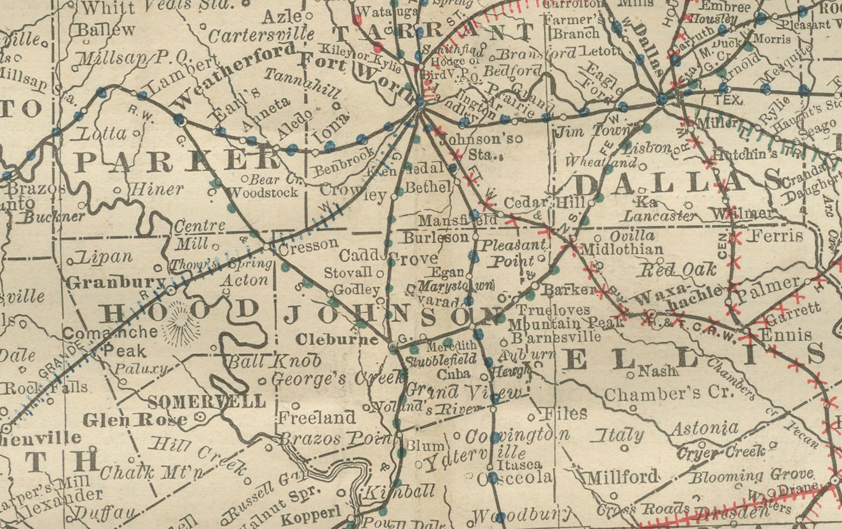 Carte ancienne de l'Est du Texas 1888 - Chemins de fer, comtés et agglomérations en vente 2