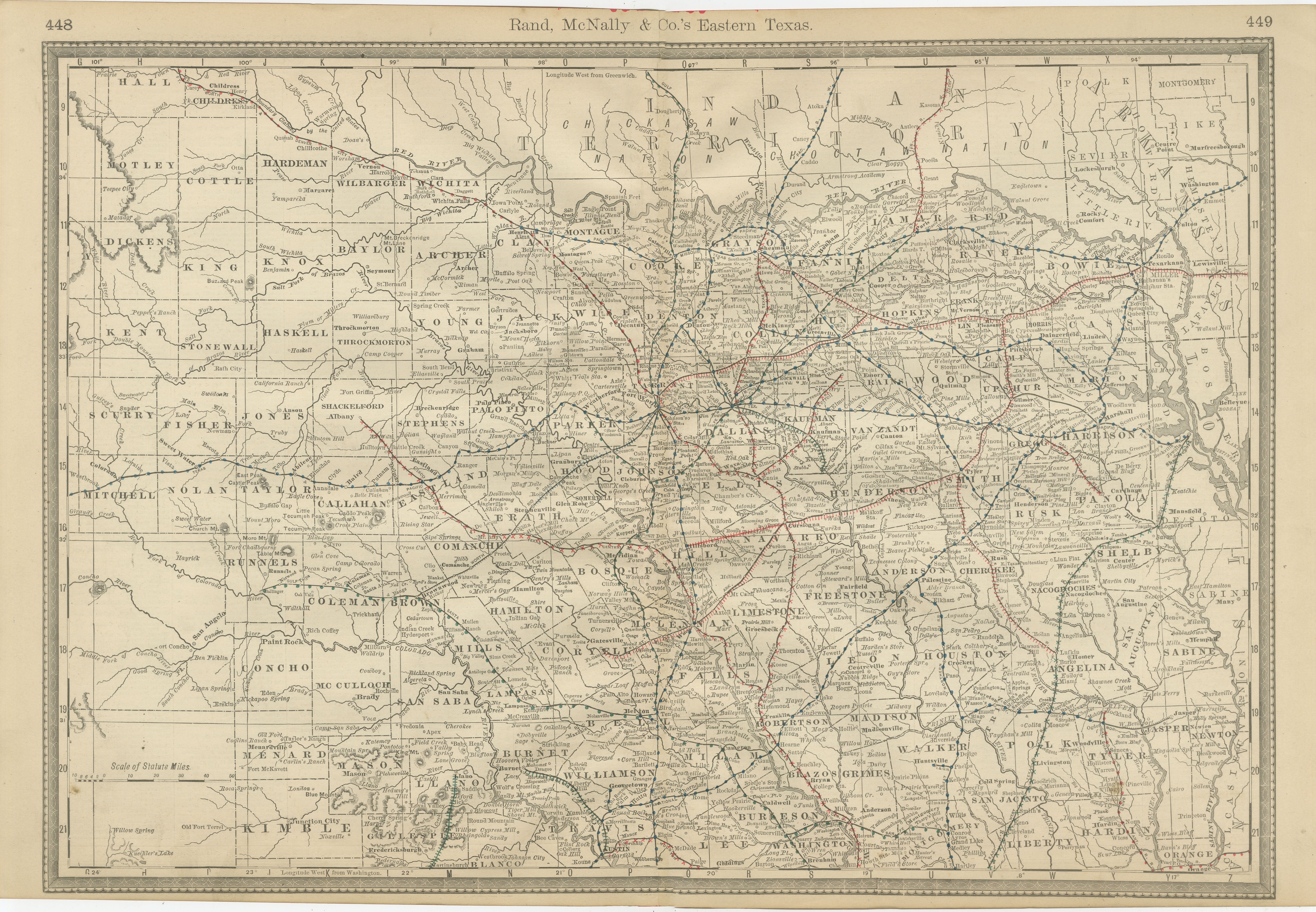 Mappa antica del Texas orientale 1888 - Ferrovie, contee e insediamenti