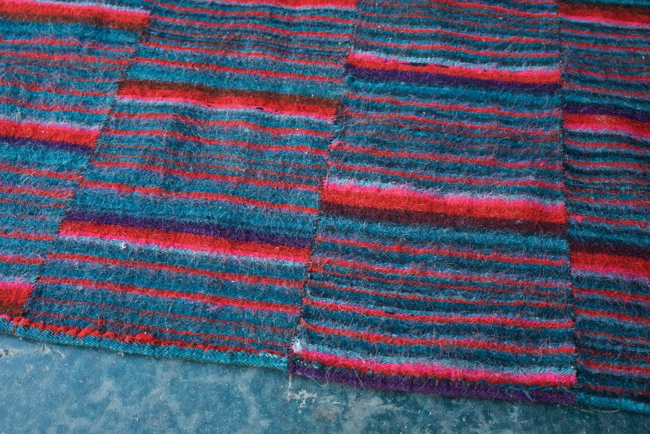 Wool Eastern Vibrant Patchwork Kilim Wall Hanging Stripe Geometric Pattern Flat Weave For Sale