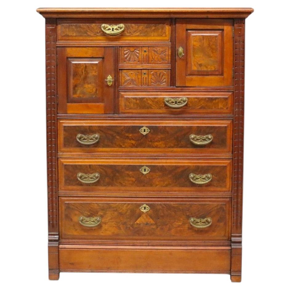 Eastlake Aesthetic Walnut & Burl Gentleman’s Chest c1890 For Sale