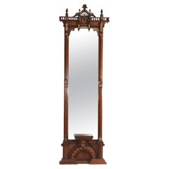 Eastlake Aesthetic Walnut Burl Hall Mirror Gilt Highlights c1870