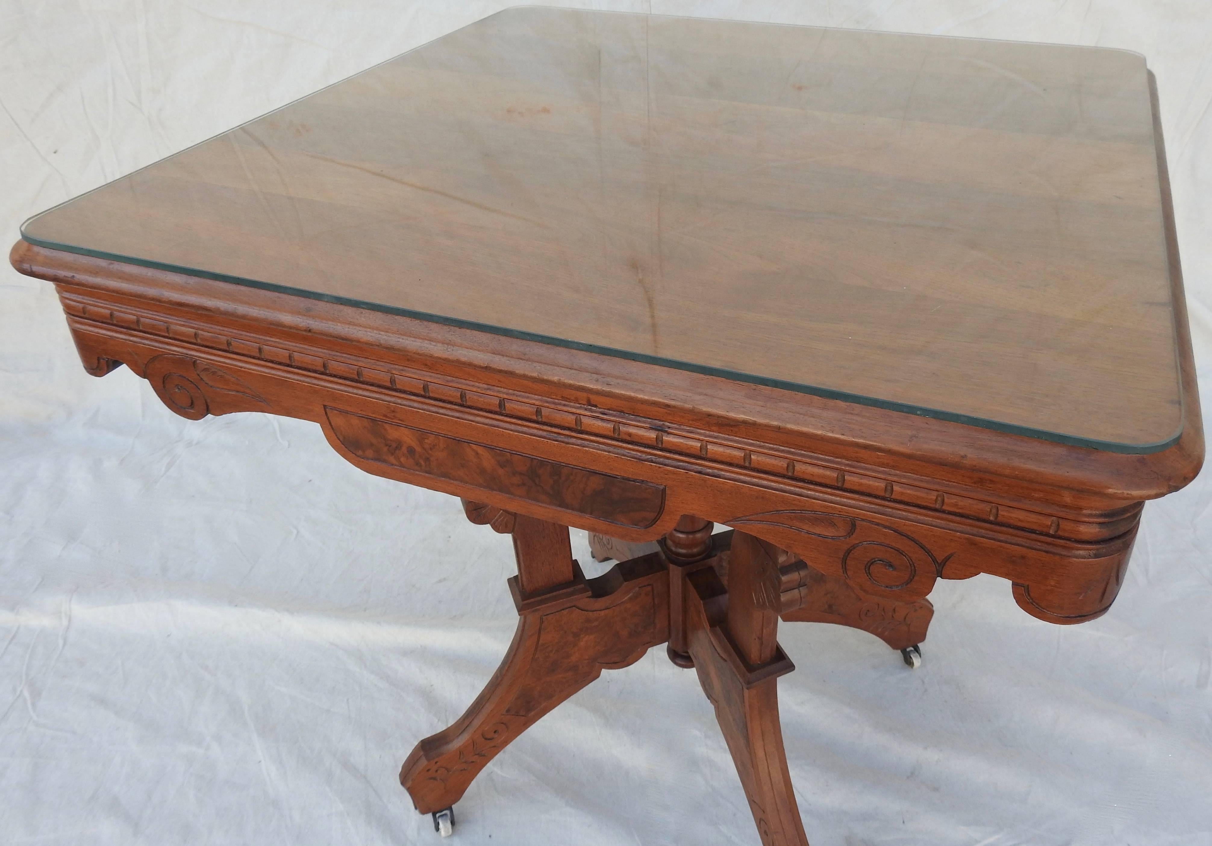 Eastlake Burled Walnut Table with Glass Top For Sale 3