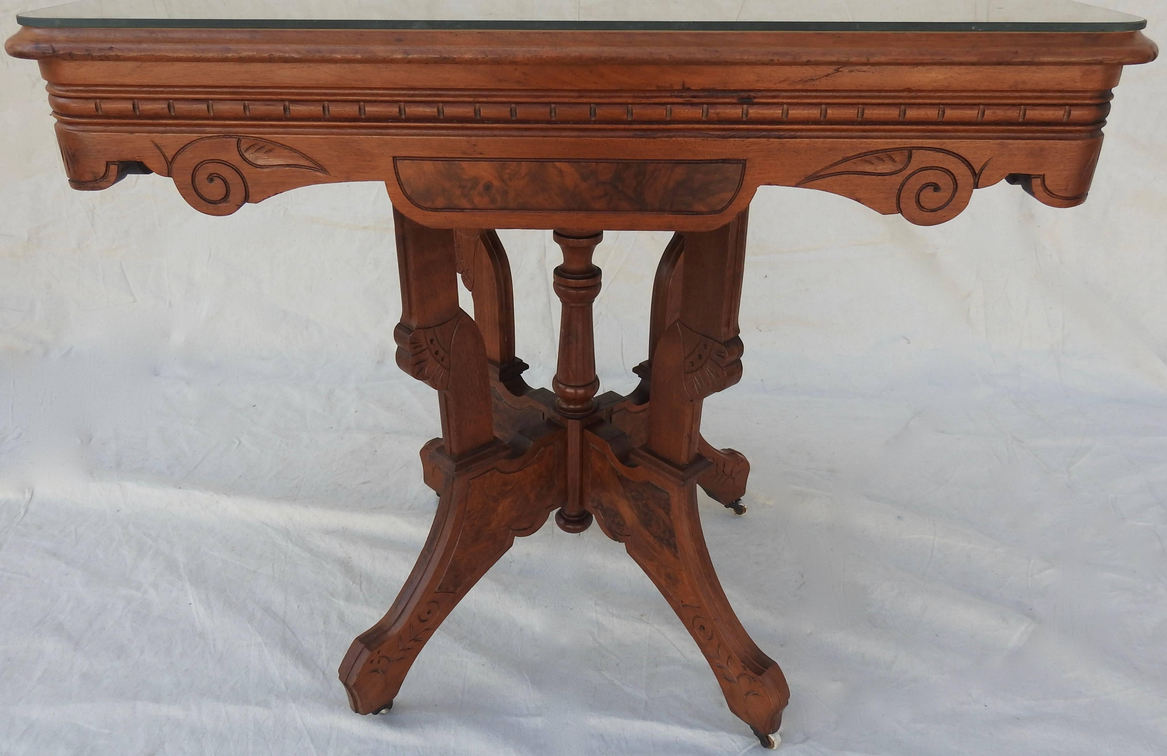 Eastlake Burled Walnut Table with Glass Top For Sale 5