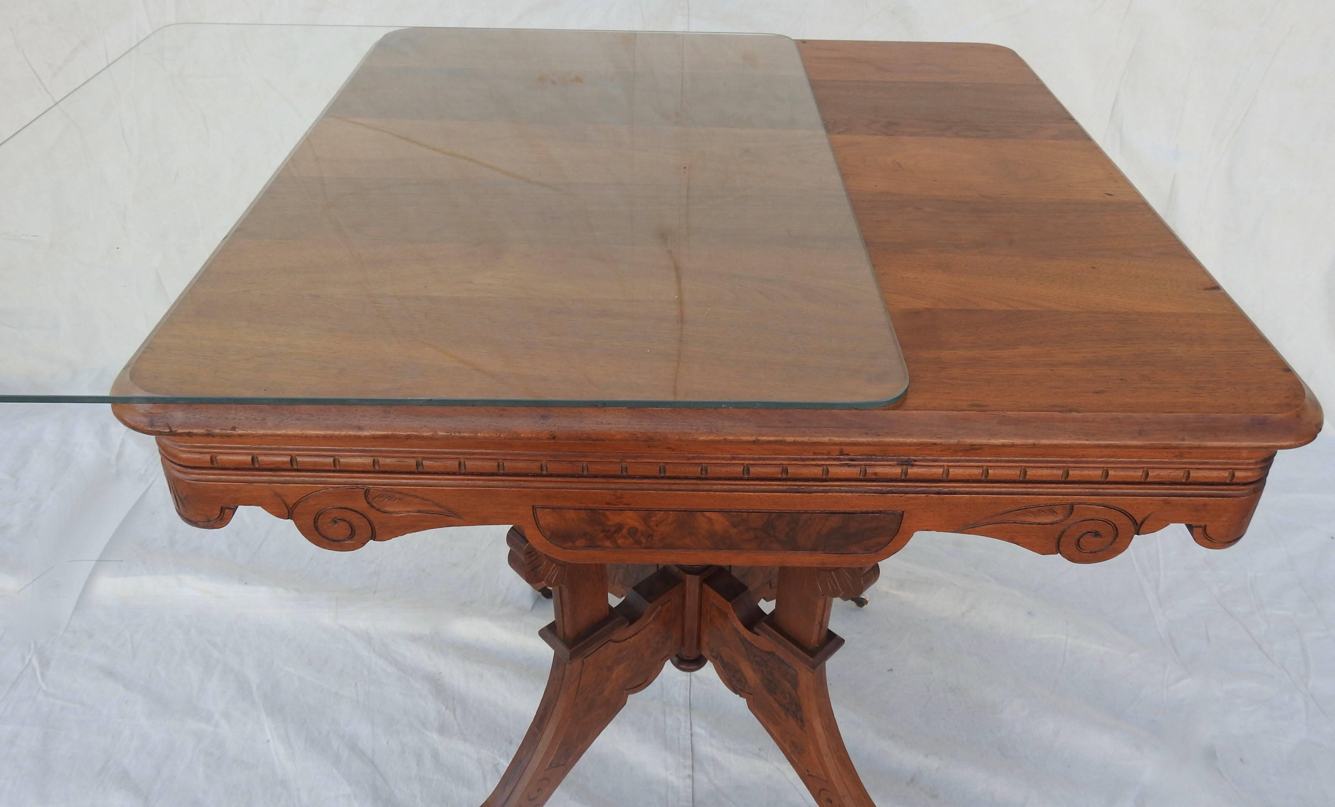 Eastlake Burled Walnut Table with Glass Top For Sale 10