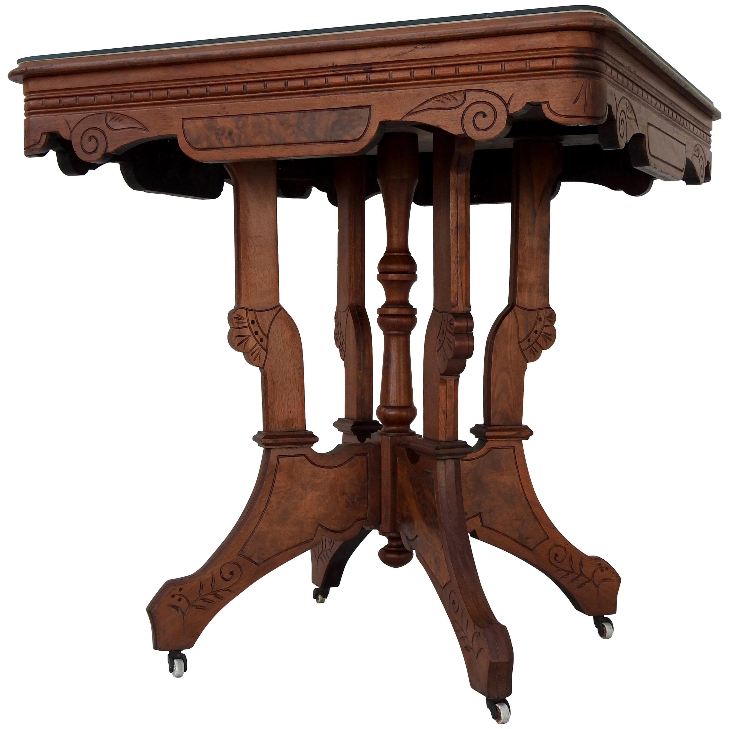 Eastlake Burled Walnut Table with Glass Top For Sale