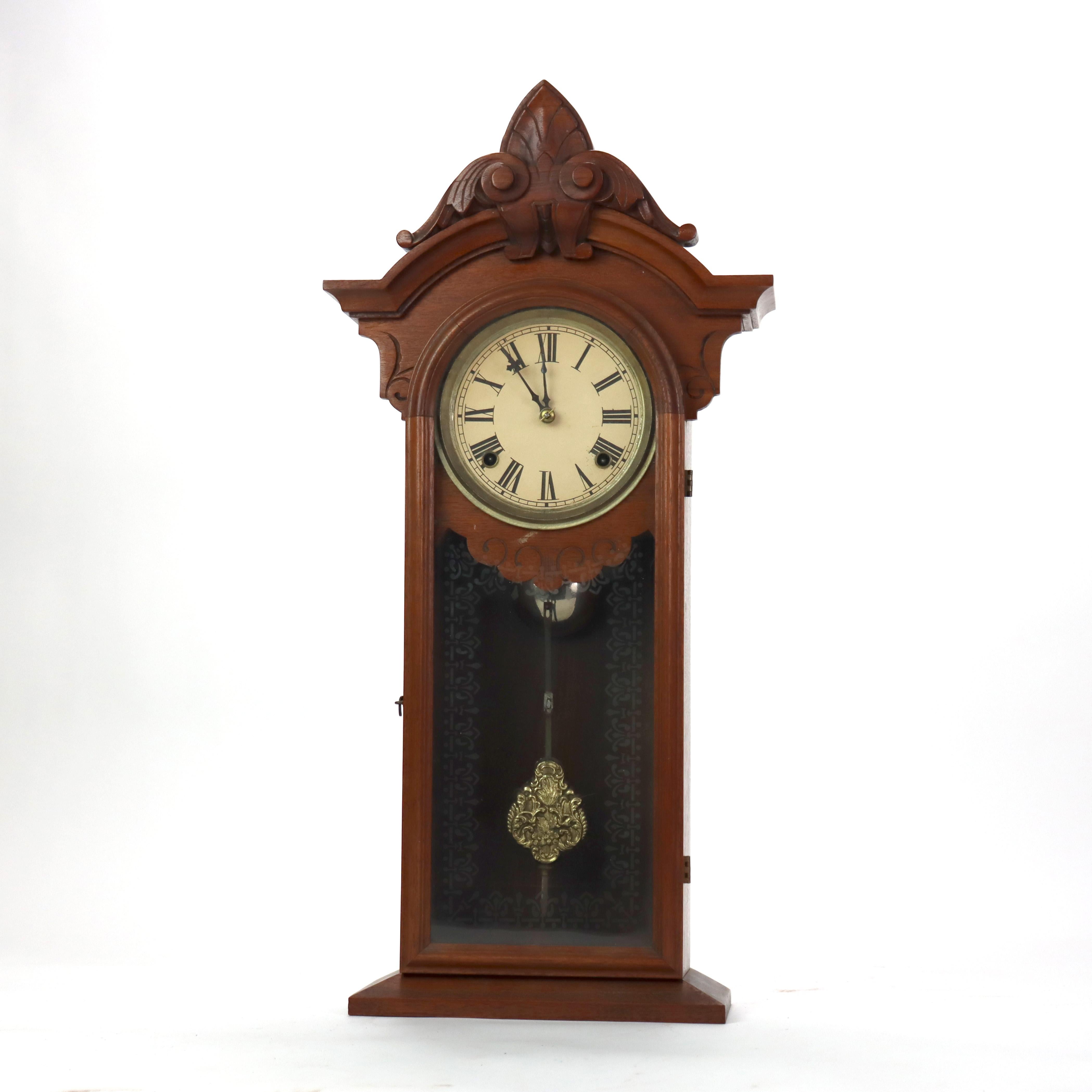 Eastlake Carved Walnut Mantle Clock C1890.   
25 5/8