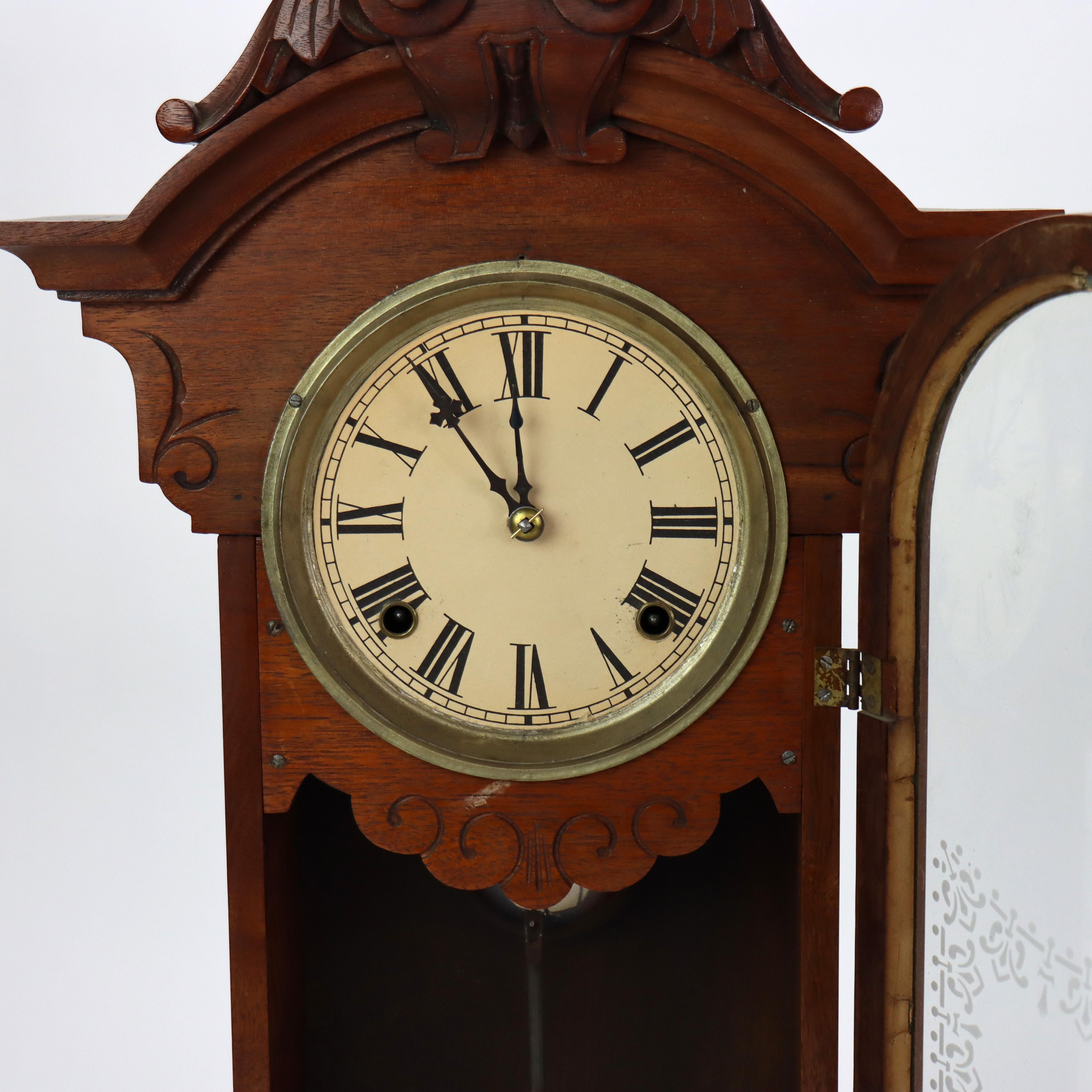 19th Century Eastlake Carved Walnut Mantle Clock C1890 For Sale