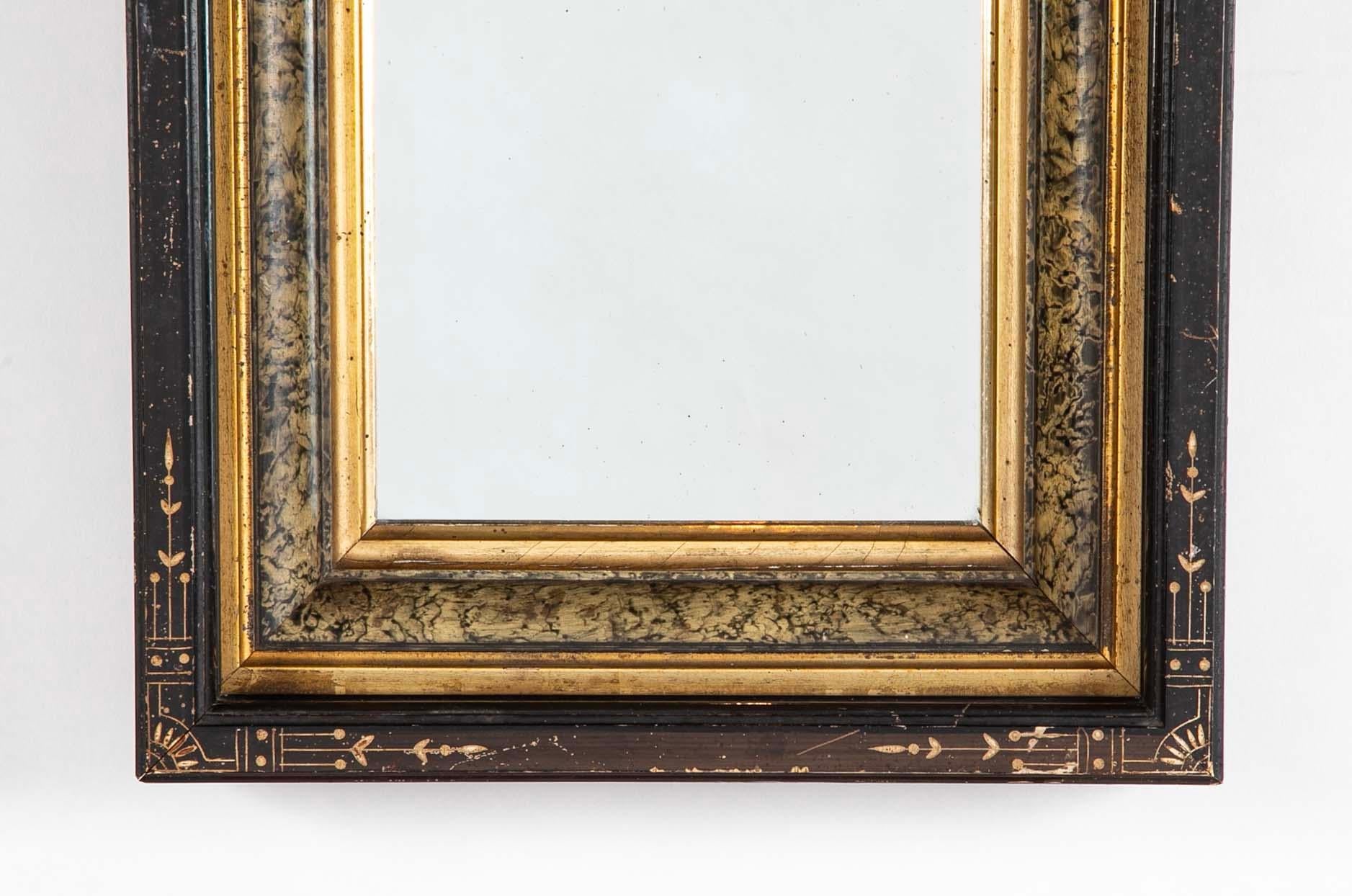 Glass Eastlake Ebonized Giltwood And Faux Marble Frame Mirror With Incised Decoration