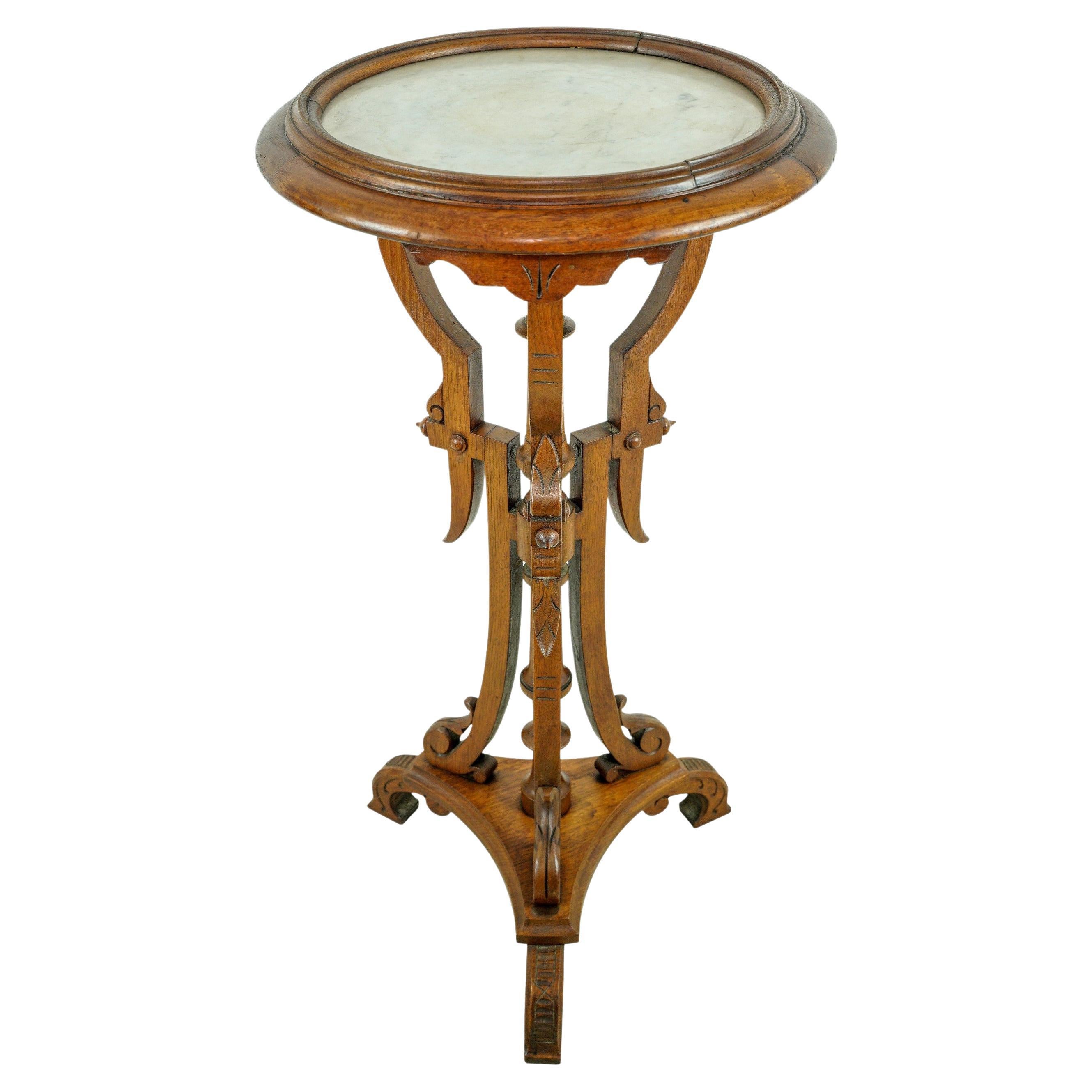 Eastlake Pedestal Solid Oak Round Table W Marble Top