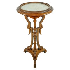 Antique Eastlake Pedestal Solid Oak Round Table W Marble Top