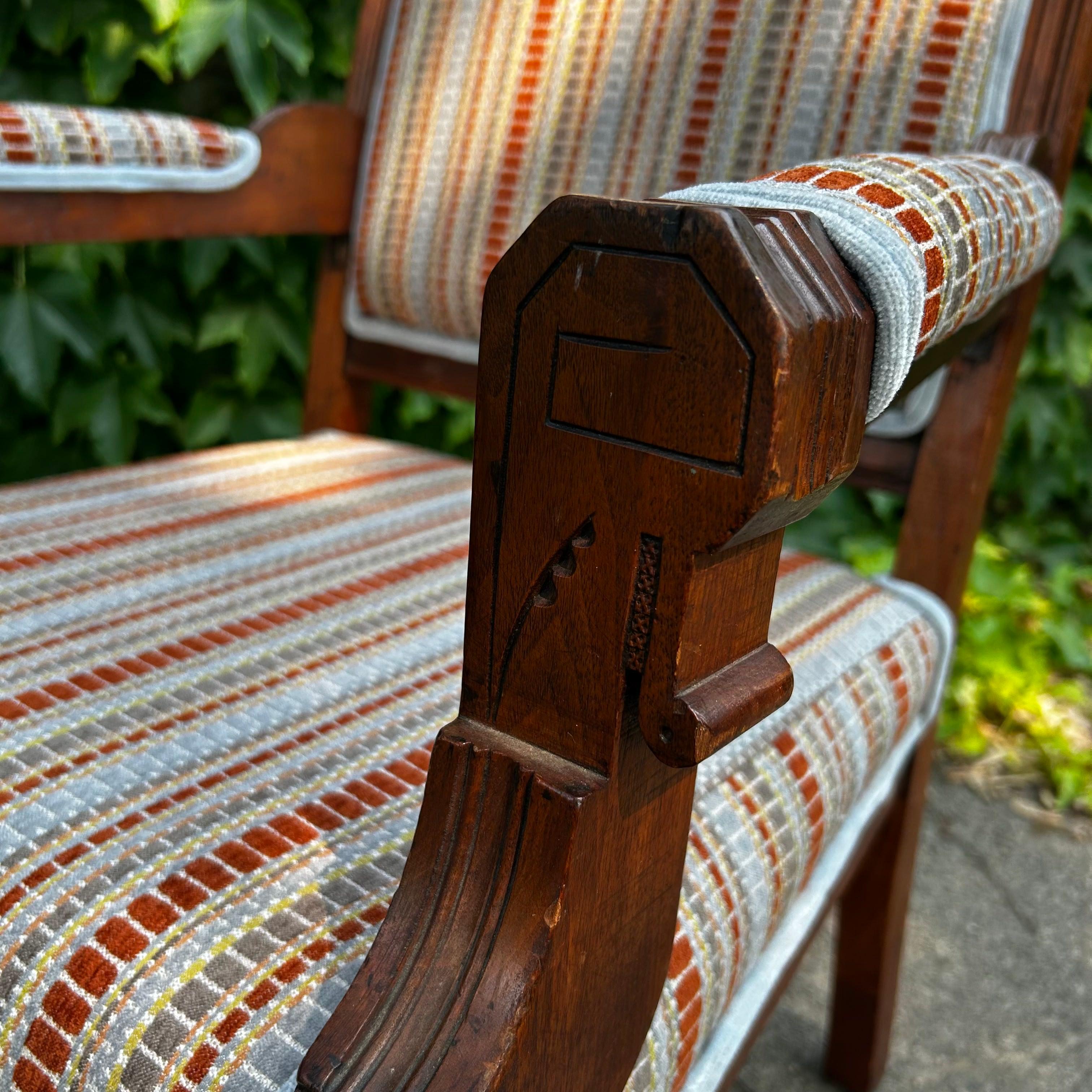 Eastlake Style Armchair in Rust and Sky Blue In Good Condition For Sale In Munster, IN