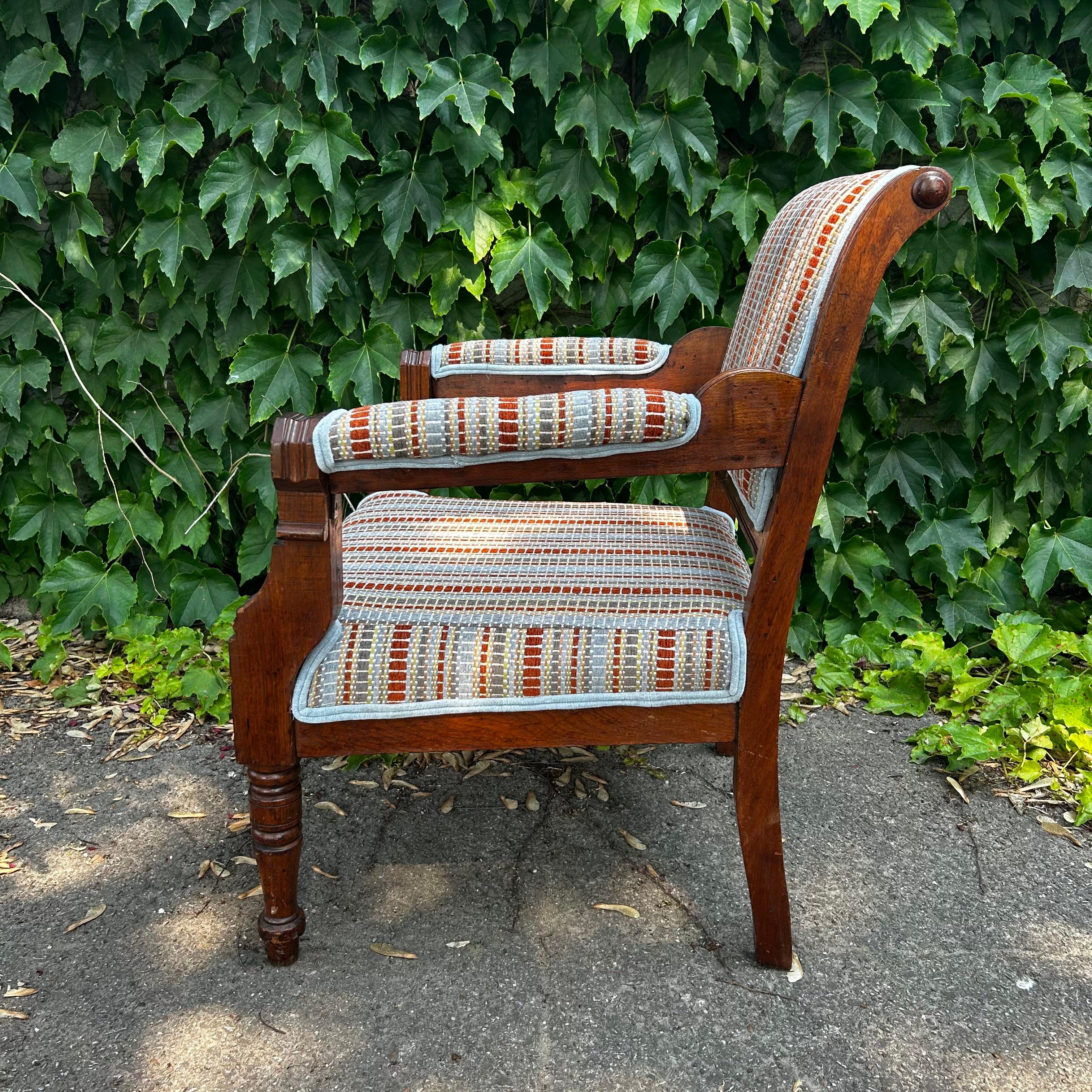 19th Century Eastlake Style Armchair in Rust and Sky Blue For Sale